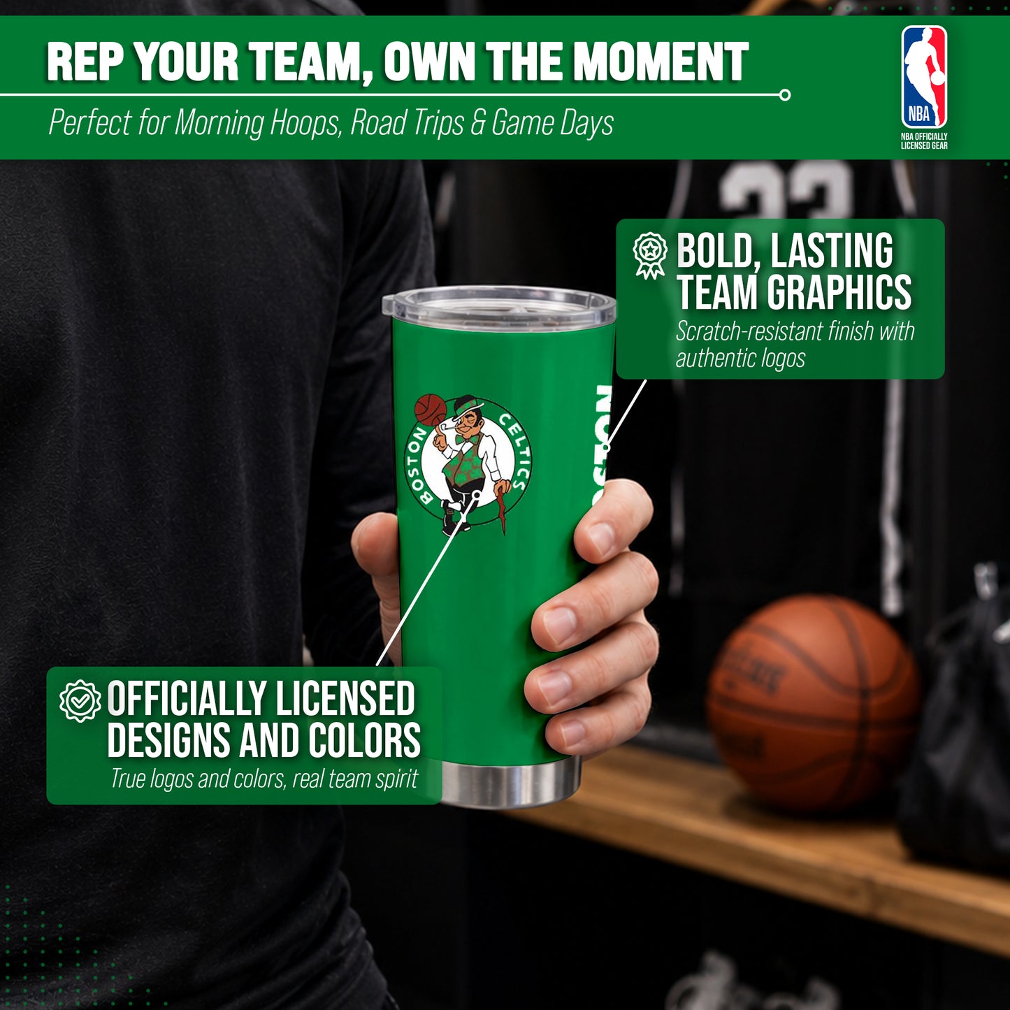 Boston Celtics NBA Basketball 20oz Stainless Steel Vacuum Insulated Game Day Tumbler with Silicone Grip - Kelly Green