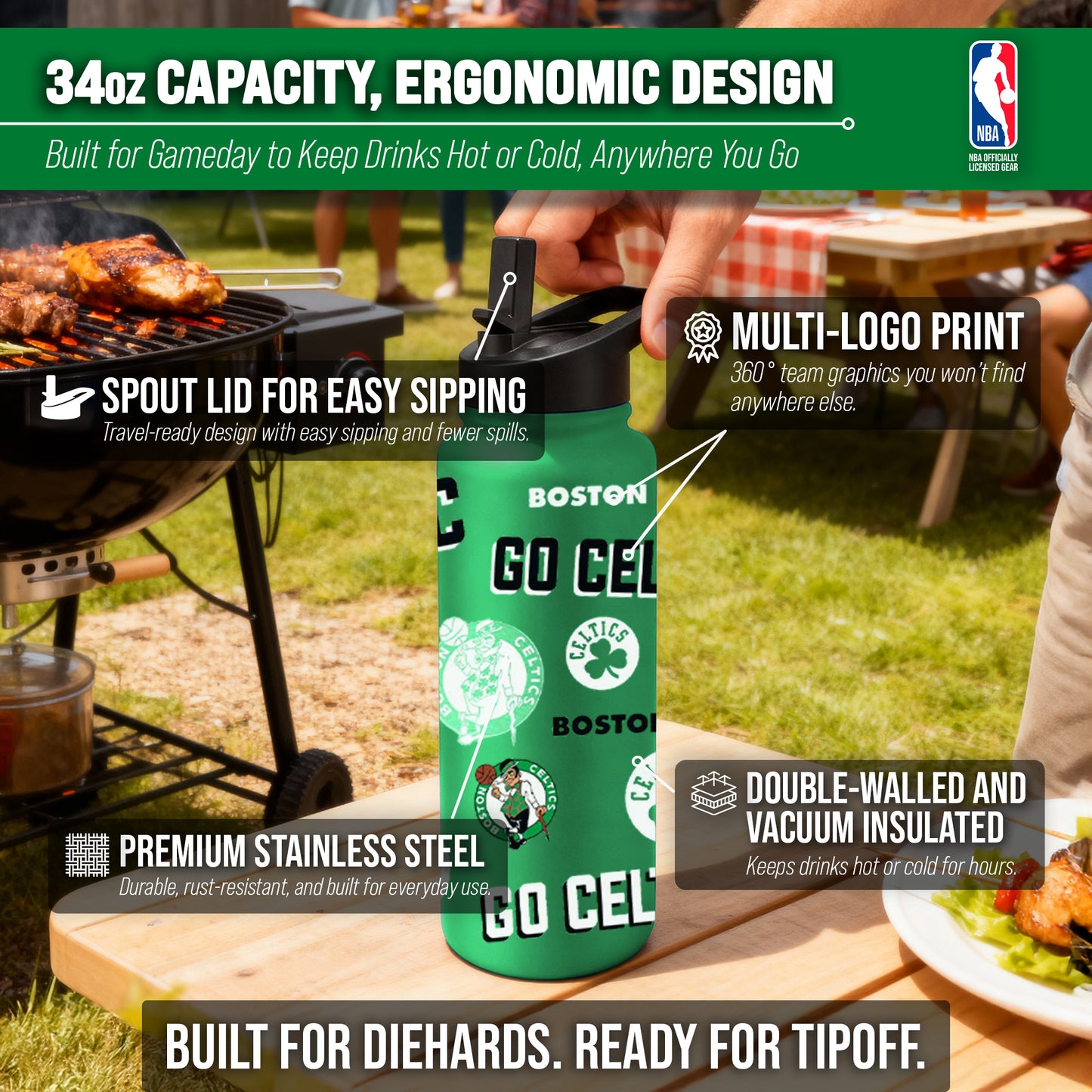 Boston Celtics NBA Basketball 34oz Stainless Steel Vacuum Insulated Game Day Water Bottle with Flip Straw Lid and Handle - Kelly Green