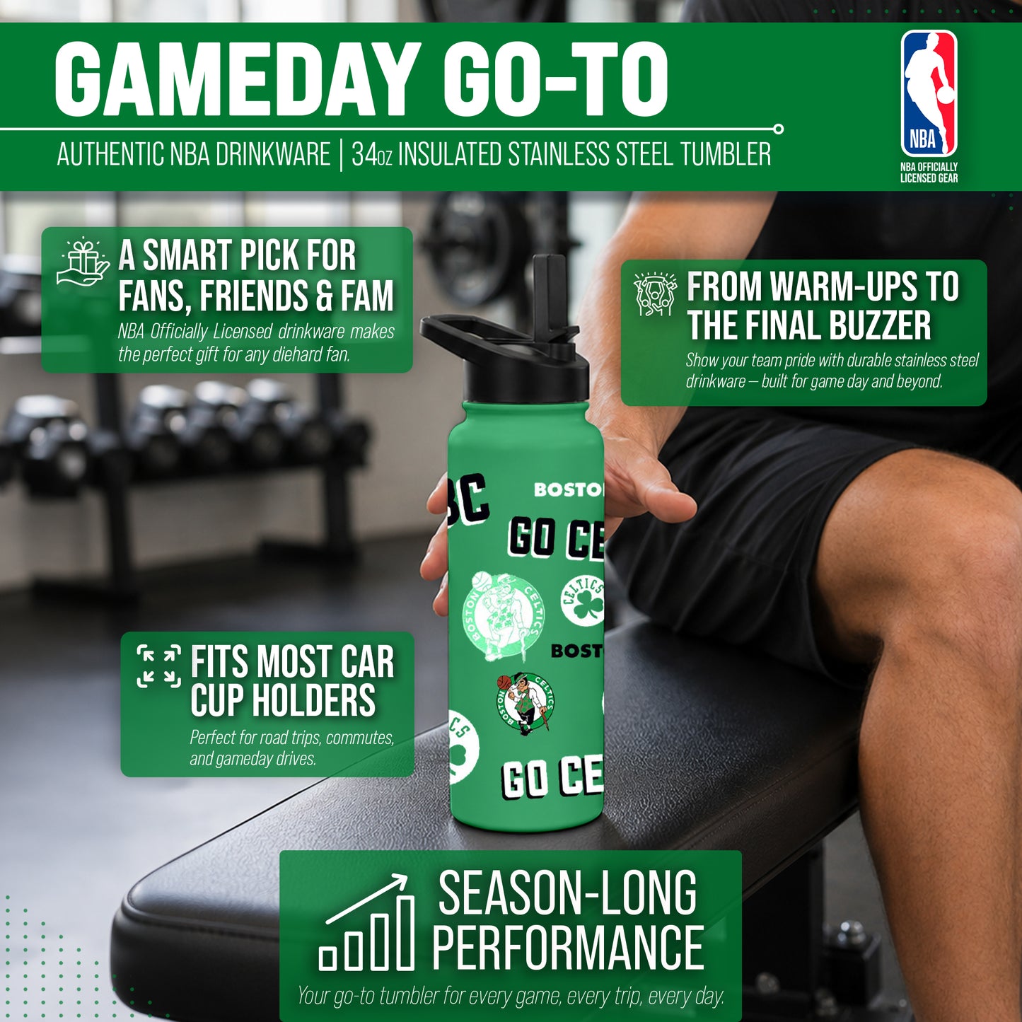 Boston Celtics NBA Basketball 34oz Stainless Steel Vacuum Insulated Game Day Water Bottle with Flip Straw Lid and Handle - Kelly Green