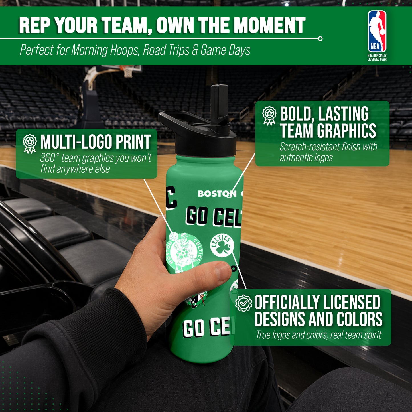 Boston Celtics NBA Basketball 34oz Stainless Steel Vacuum Insulated Game Day Water Bottle with Flip Straw Lid and Handle - Kelly Green