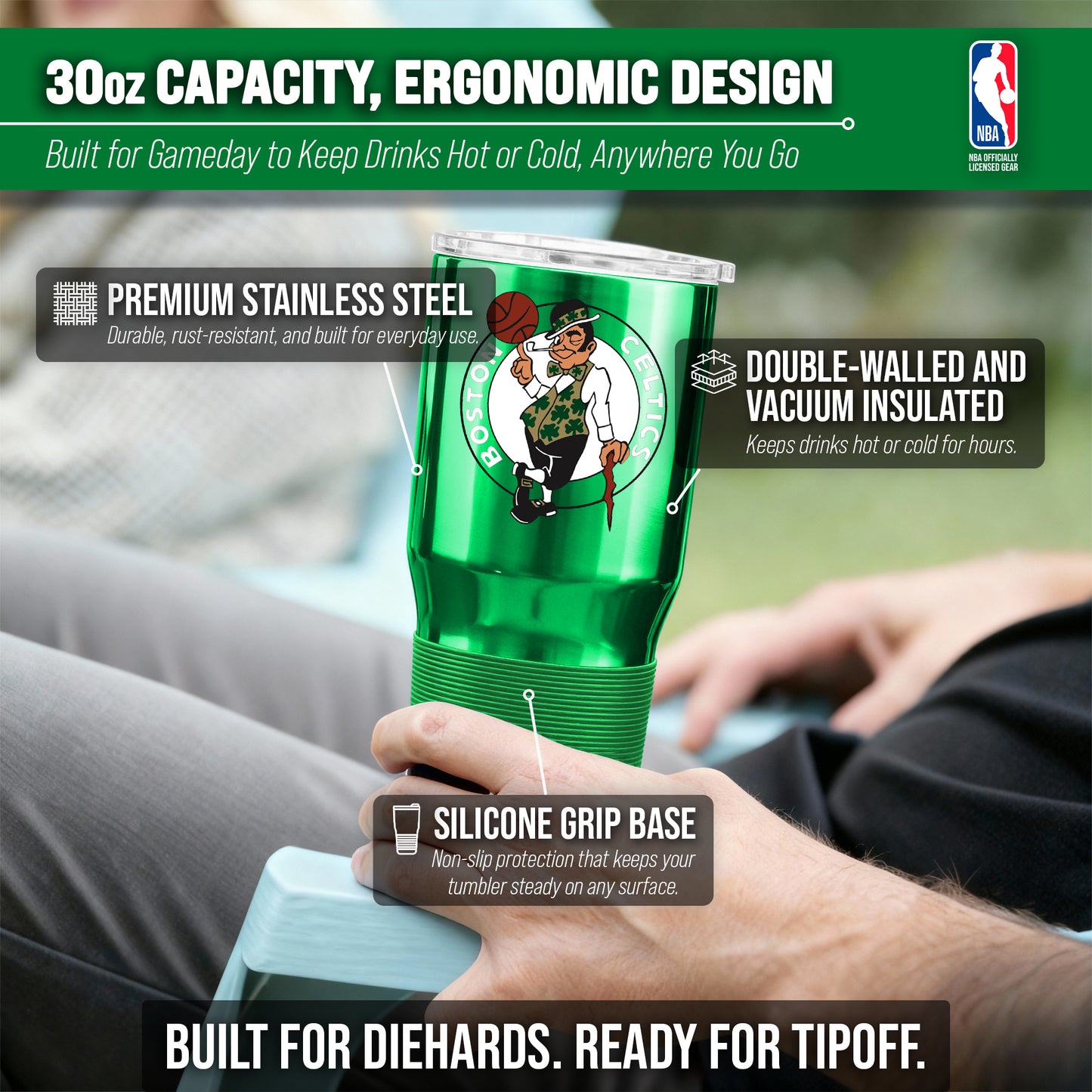 Boston Celtics NBA Basketball 30oz Stainless Steel Vacuum Insulated Game Day Tumbler with Silicone Grip - Kelly Green
