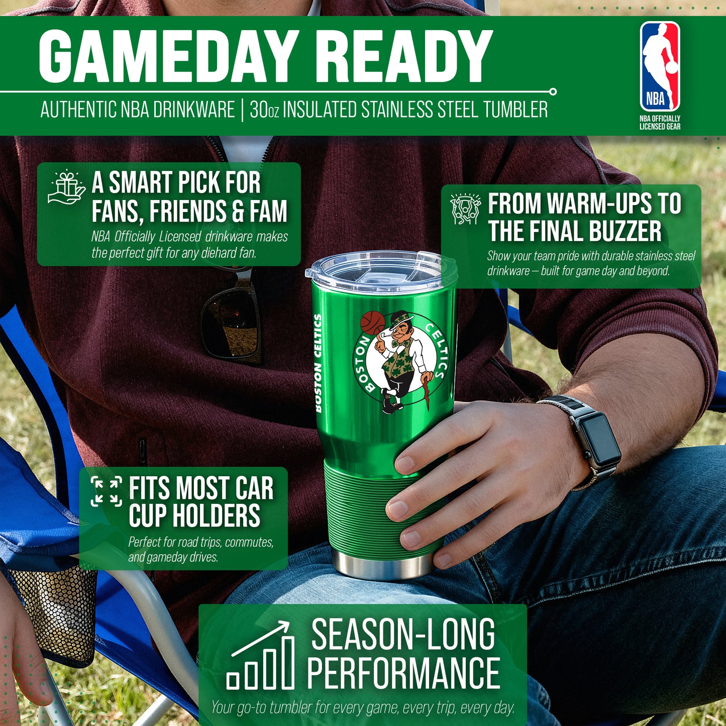 Boston Celtics NBA Basketball 30oz Stainless Steel Vacuum Insulated Game Day Tumbler with Silicone Grip - Kelly Green
