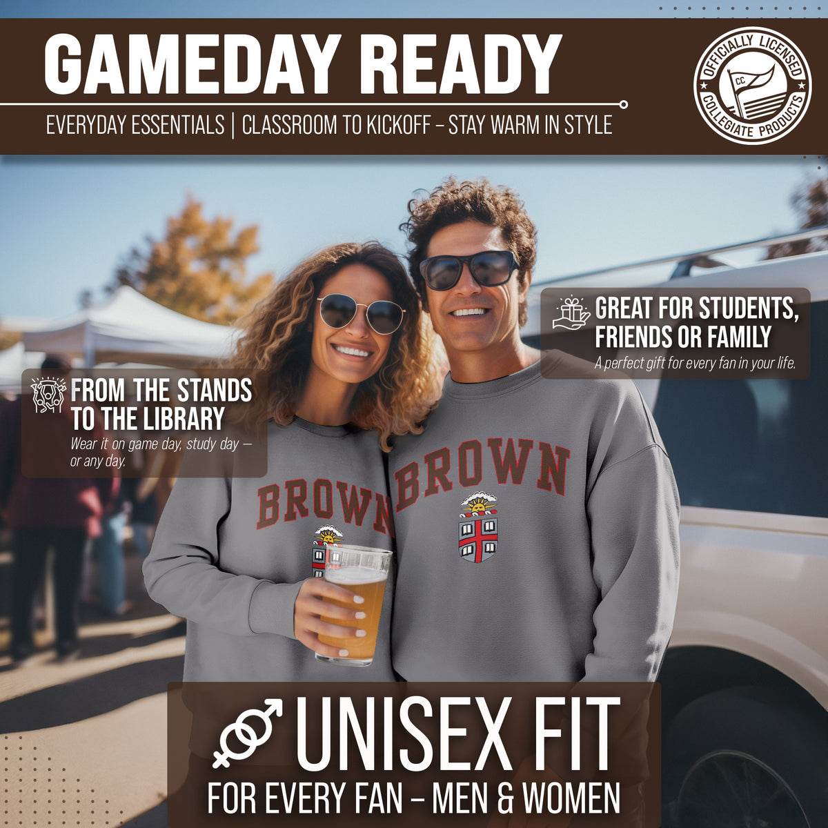 Brown Bears Campus Colors Adult Arch & Logo Soft Style Gameday Crewneck Sweatshirt  - Gray
