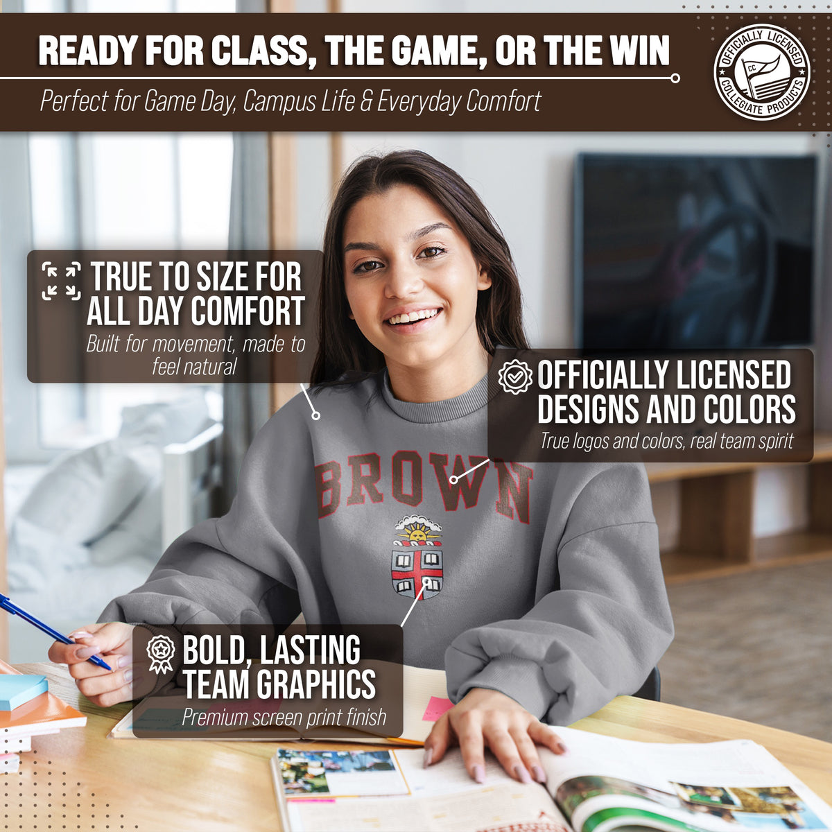 Brown Bears Campus Colors Adult Arch & Logo Soft Style Gameday Crewneck Sweatshirt  - Gray