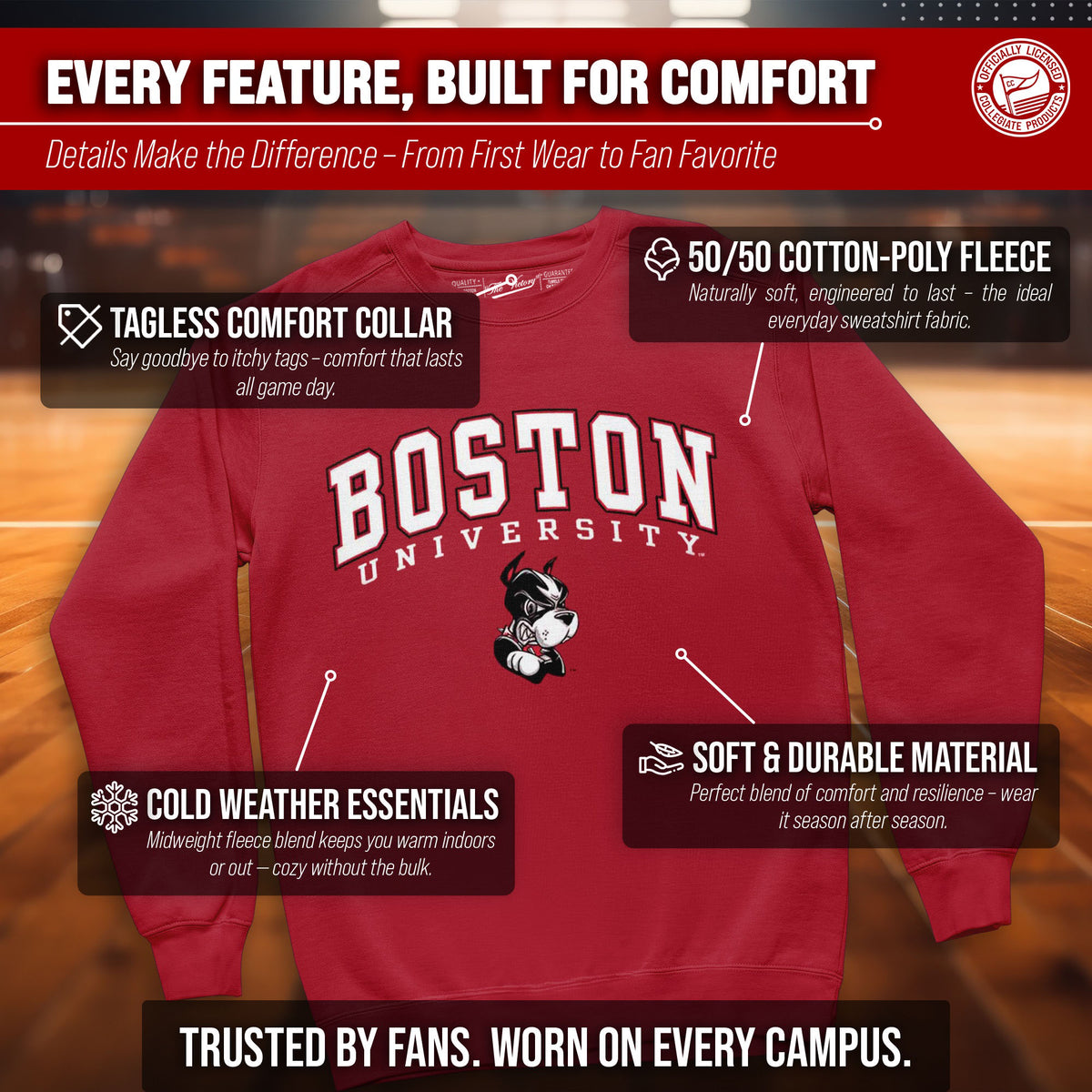 Boston Terriers Adult Arch & Logo Soft Style Gameday Crewneck Sweatshirt - Red