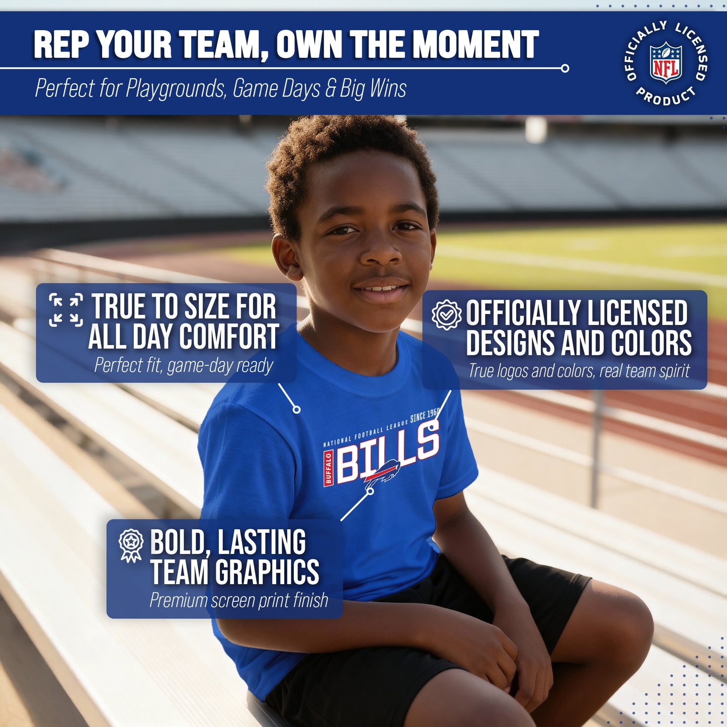 Buffalo Bills NFL Youth Modern Endzone Football T-Shirt Unisex Tag Free Comfortable - Royal