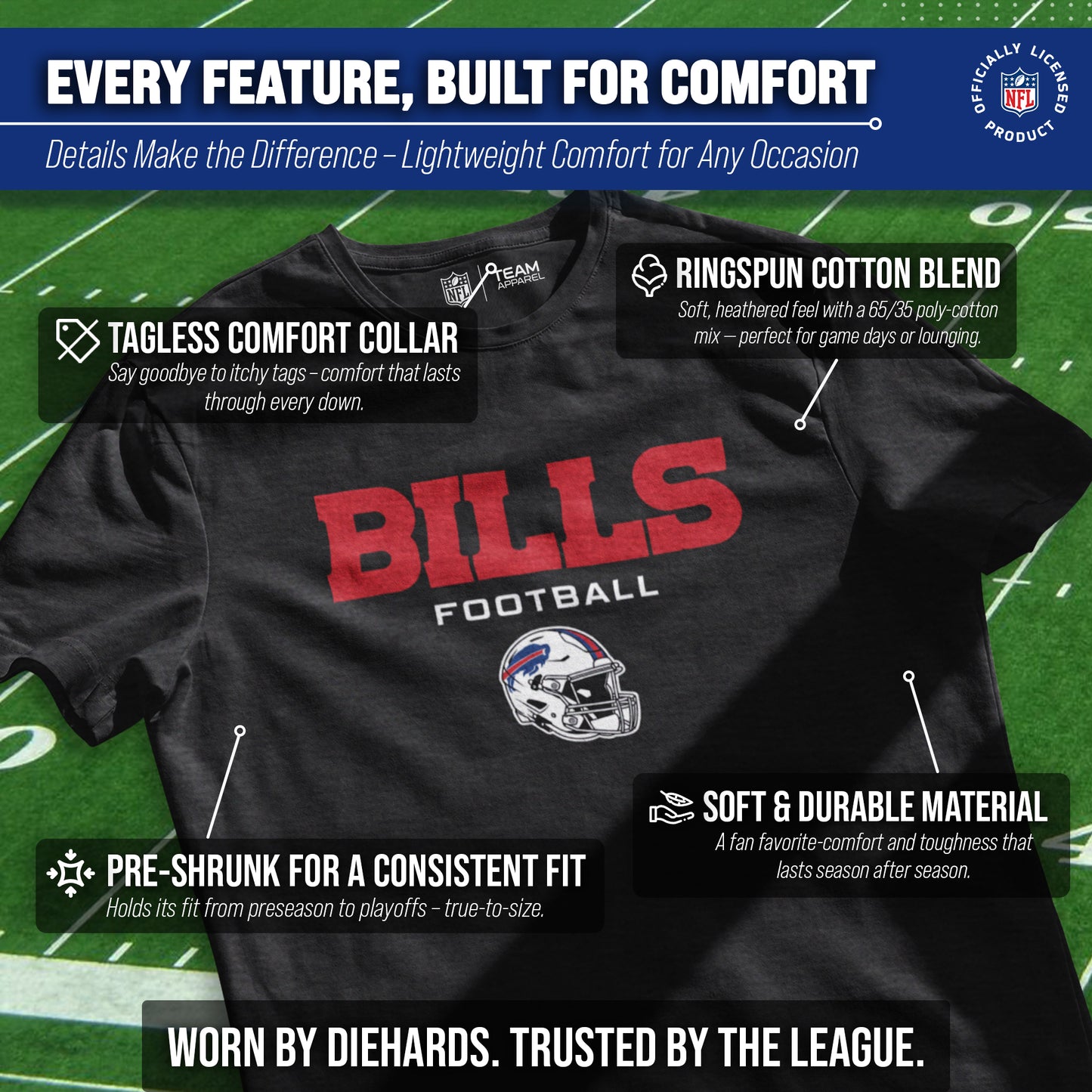 Buffalo Bills NFL Adult Football Helmet Tagless T-Shirt - Charcoal