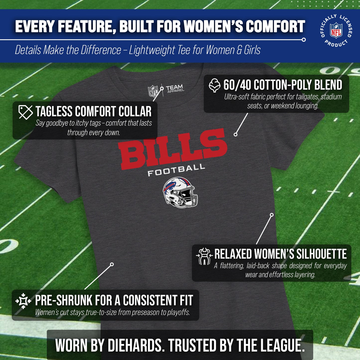 Buffalo Bills Women's NFL Football Helmet Short Sleeve Tagless T-Shirt - Charcoal