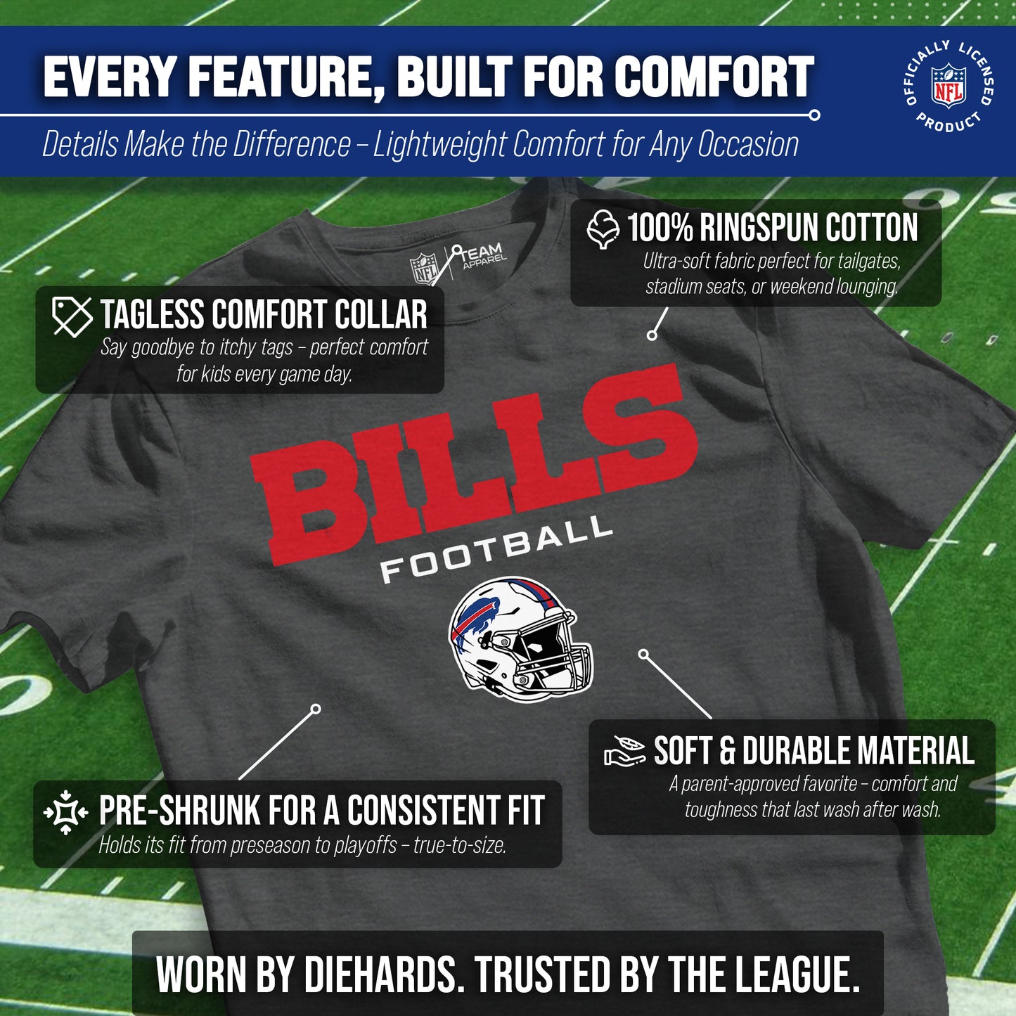 Buffalo Bills NFL Youth Football Helmet Tagless T-Shirt - Charcoal