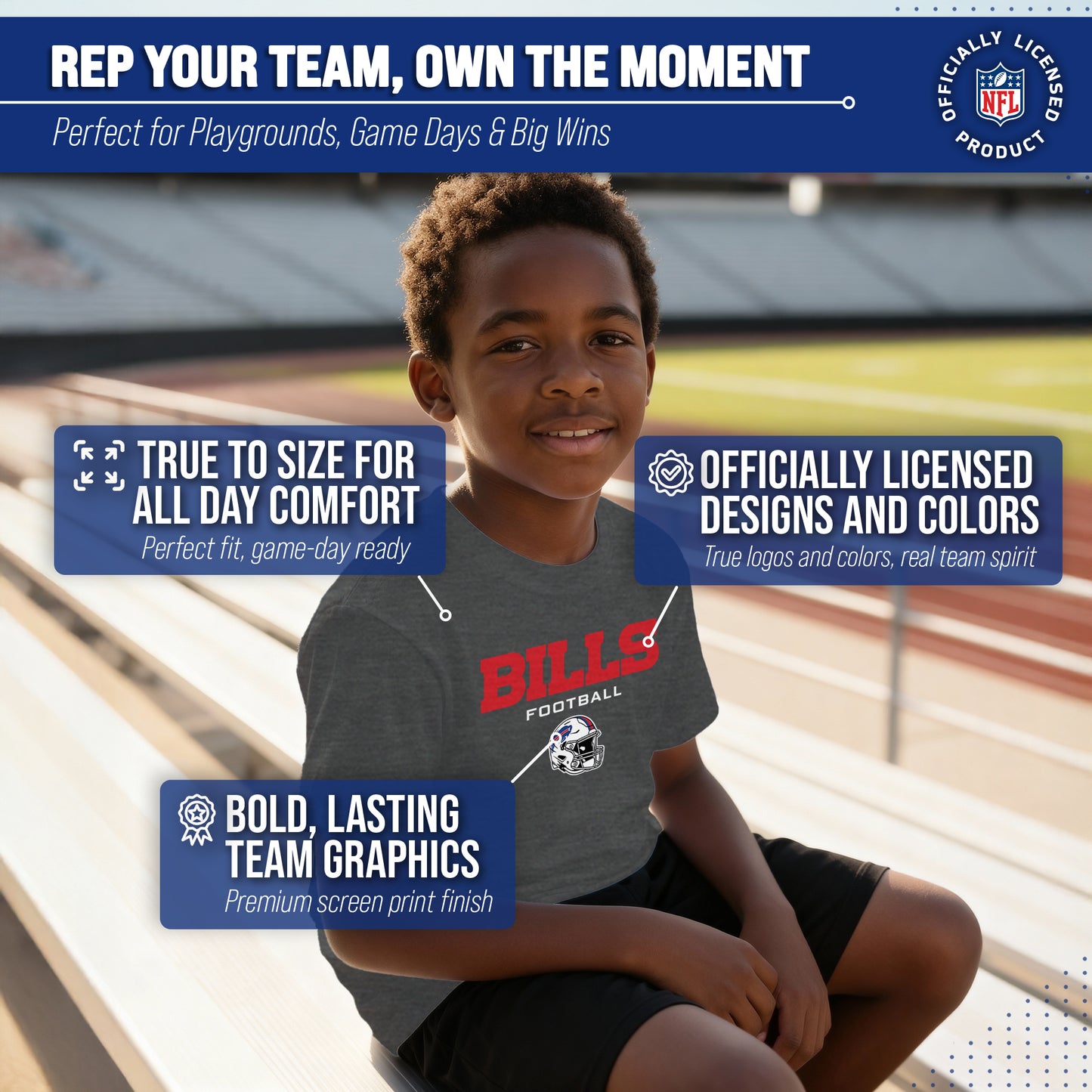 Buffalo Bills NFL Youth Football Helmet Tagless T-Shirt - Charcoal
