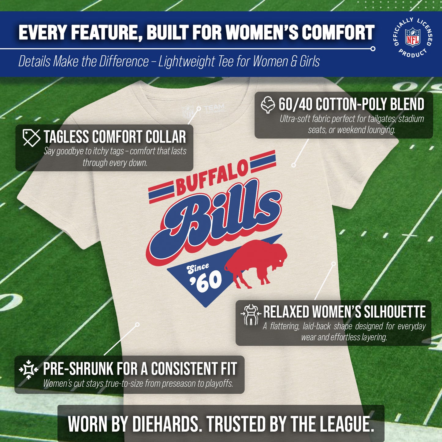 Buffalo Bills NFL Womens Vintage Charm Tag-Less Soft T-Shirt - Birch