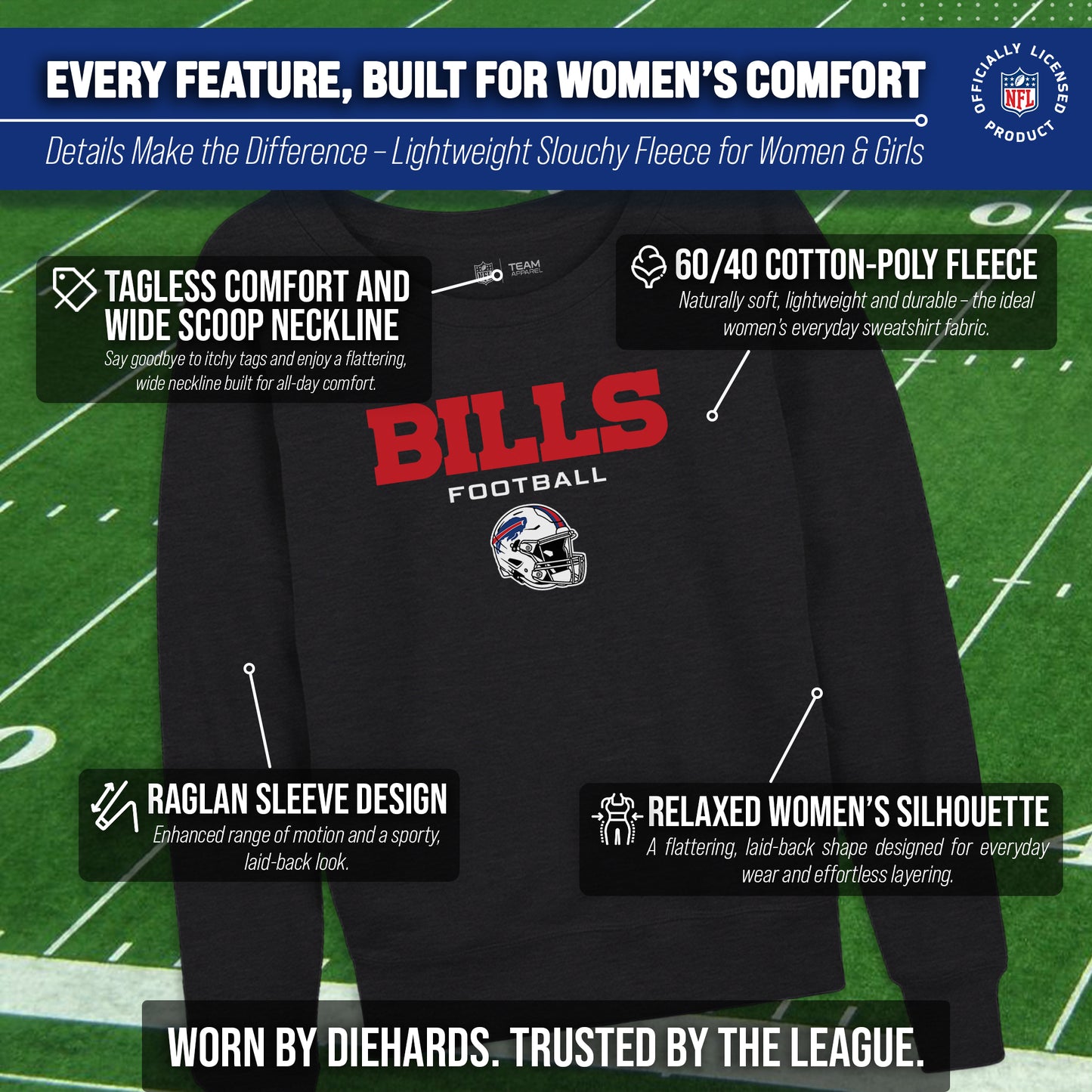 Buffalo Bills NFL Womens Helmet French Terry Slouchy Top - Charcoal