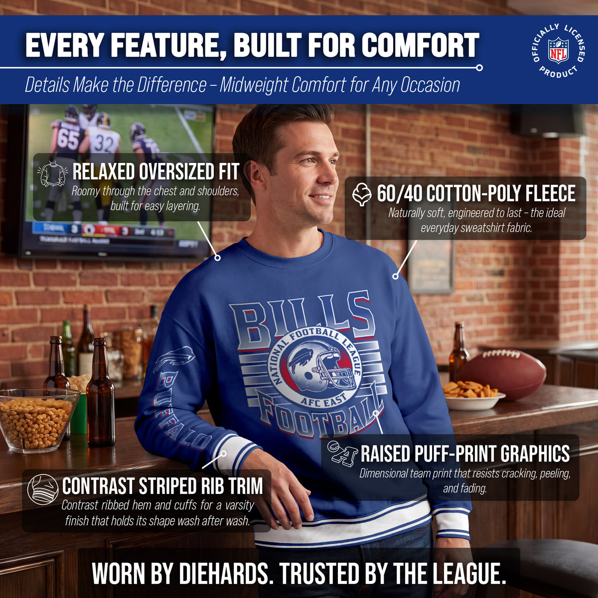 Buffalo Bills NFL Men's Franchise Striped Rib Oversized Crewneck - Royal