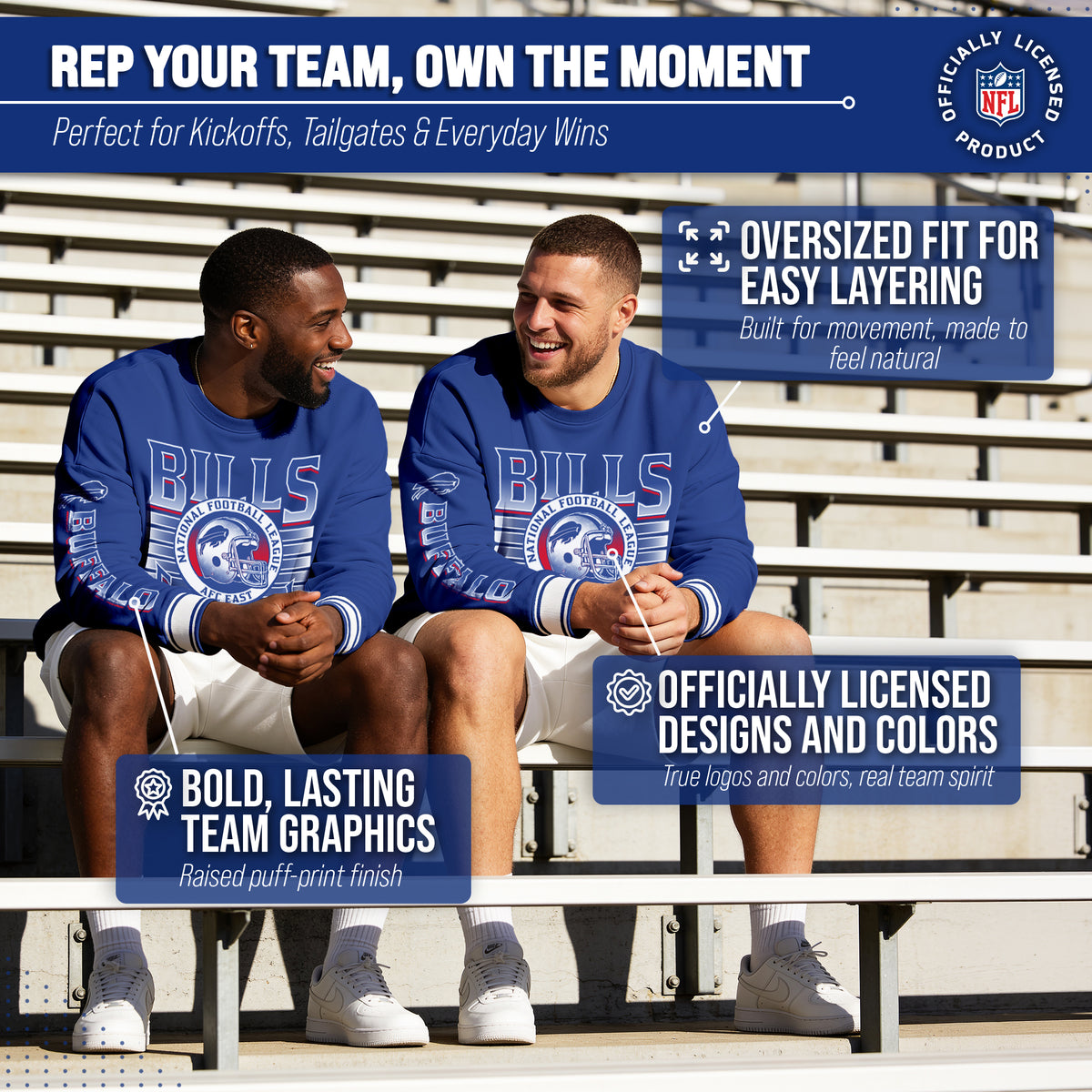 Buffalo Bills NFL Men's Franchise Striped Rib Oversized Crewneck - Royal