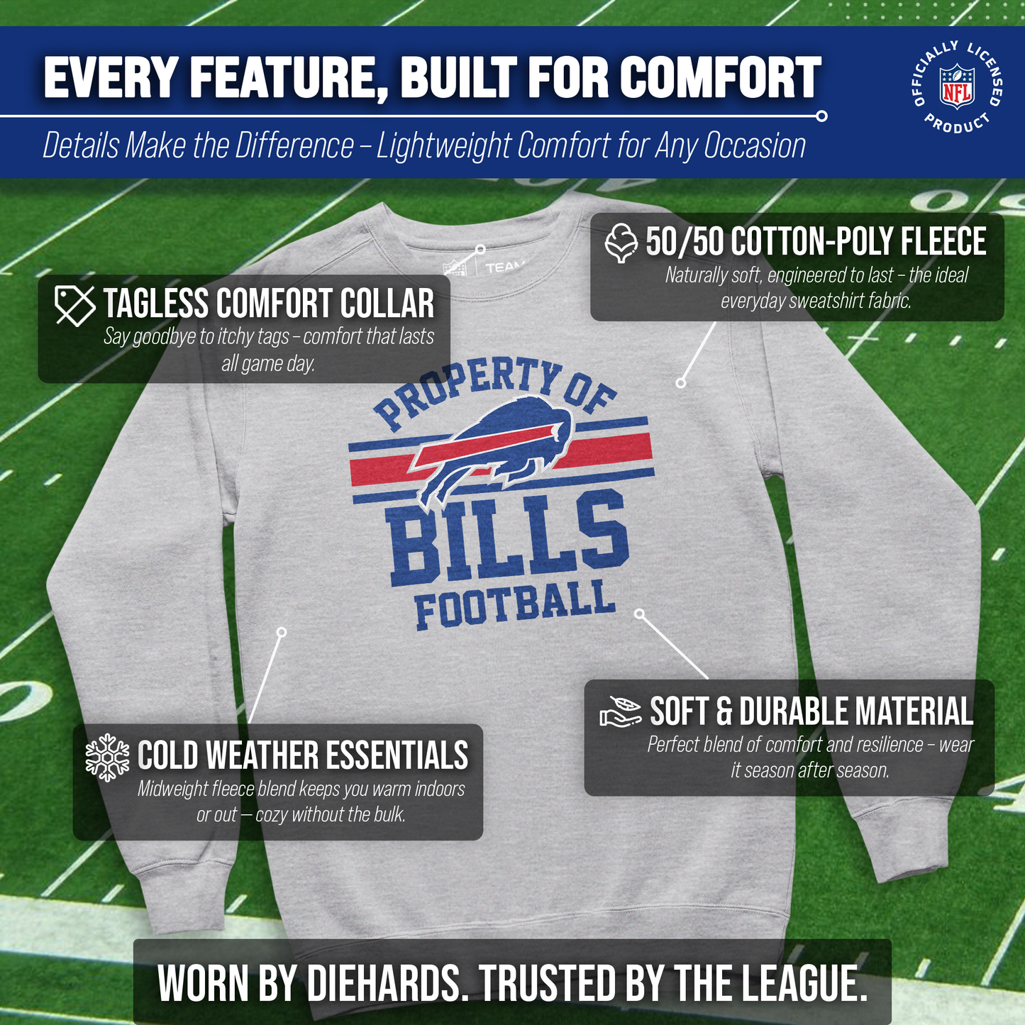 Buffalo Bills NFL Adult Property Of Crewneck Fleece Sweatshirt - Sport Gray