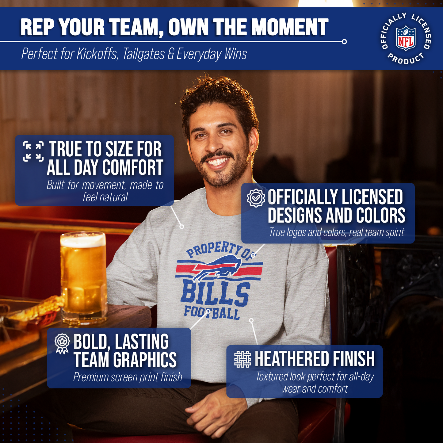 Buffalo Bills NFL Adult Property Of Crewneck Fleece Sweatshirt - Sport Gray