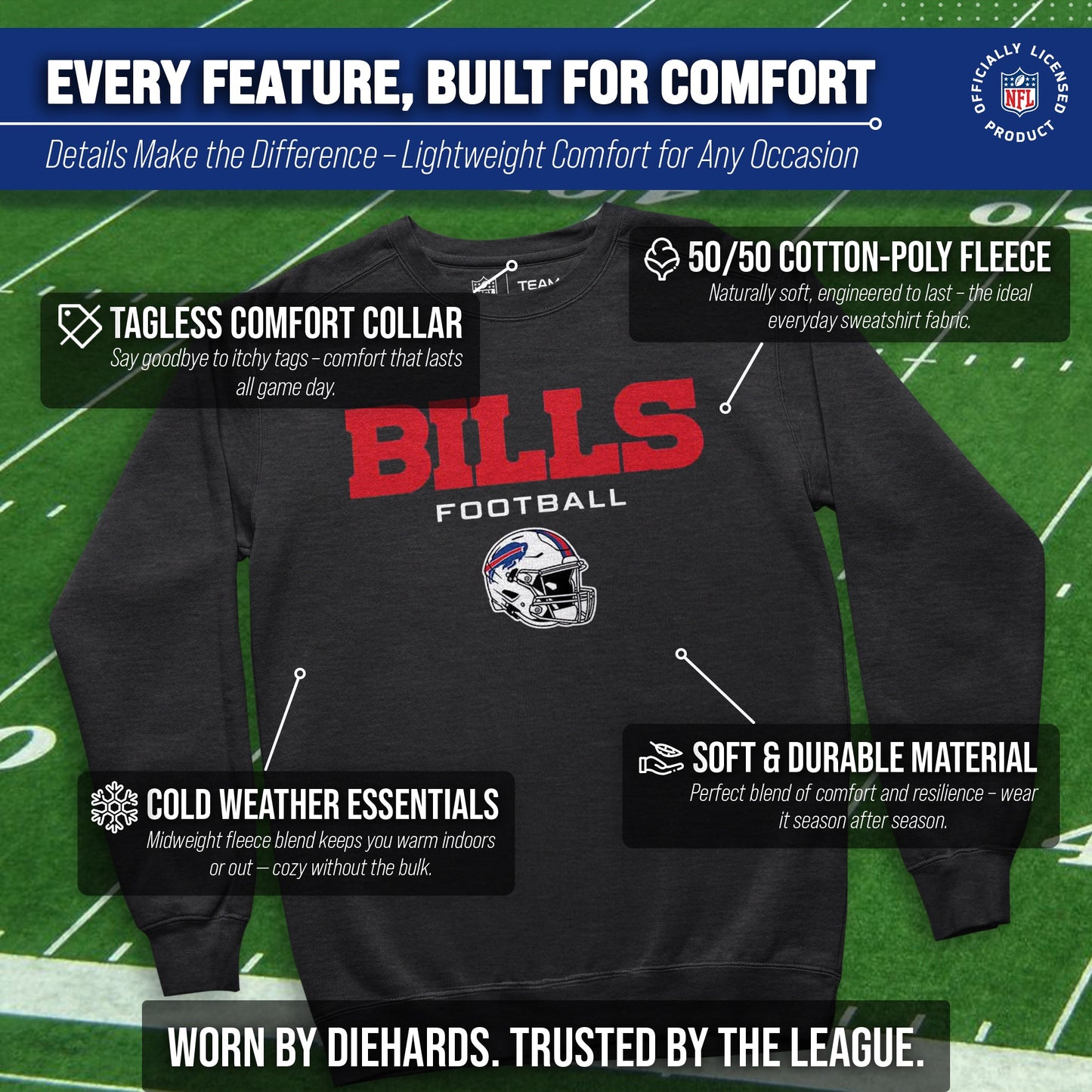 Buffalo Bills Adult NFL Football Helmet Heather Crewneck Sweatshirt - Charcoal
