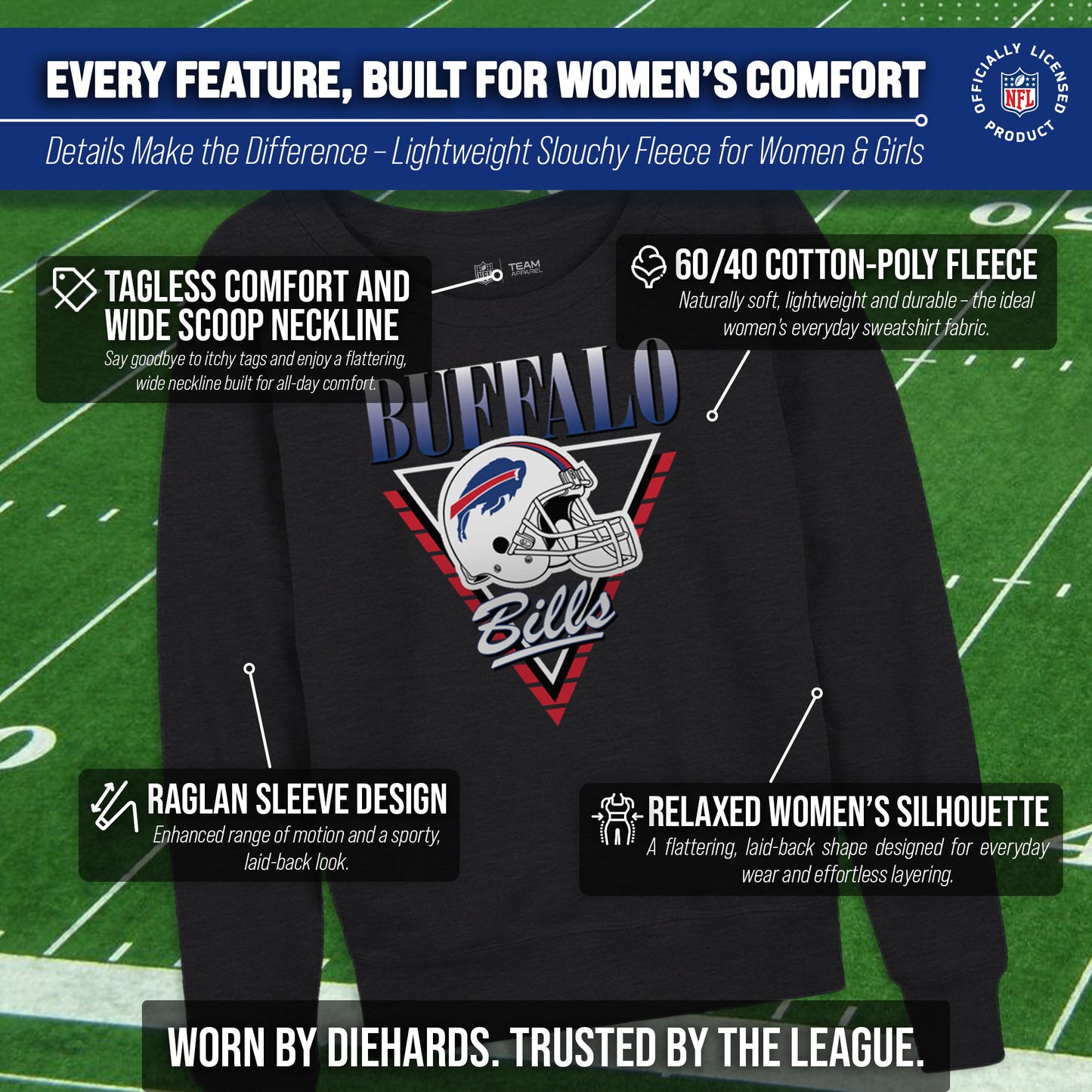 Buffalo Bills NFL Womens Retro Triangle French Terry Slouchy Top- Raglan Sleeves - Heather Charcoal