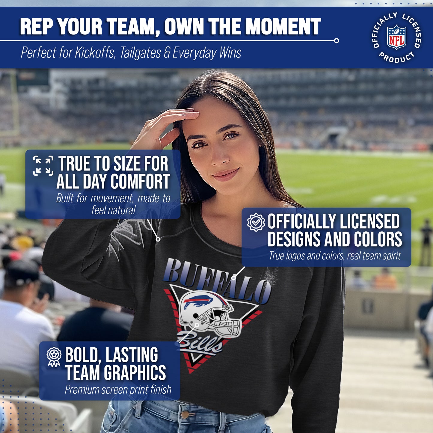 Buffalo Bills NFL Womens Retro Triangle French Terry Slouchy Top- Raglan Sleeves - Heather Charcoal