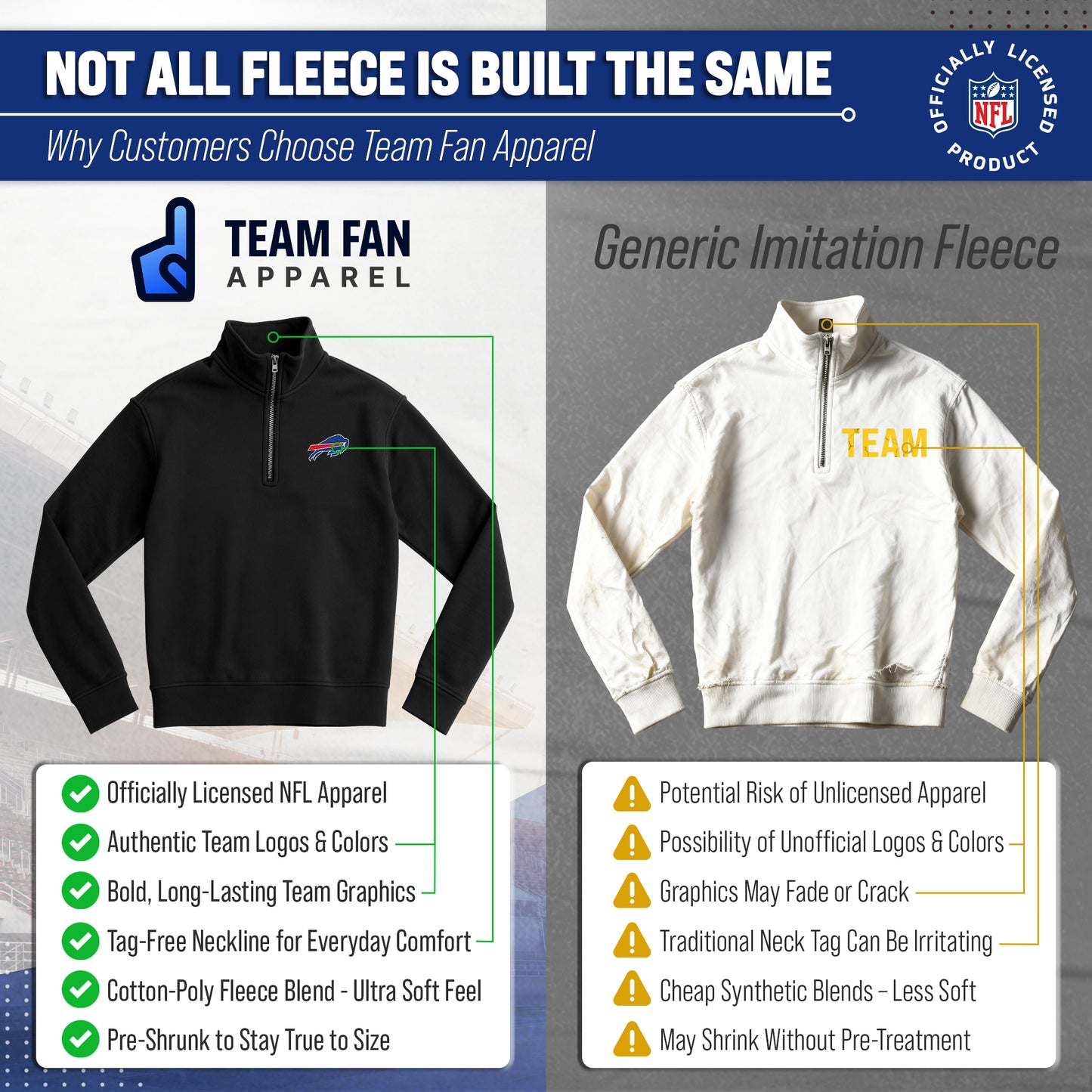 Buffalo Bills NFL Adult Unisex Team Logo Quarter Zip Pullover Sweatshirt - Black