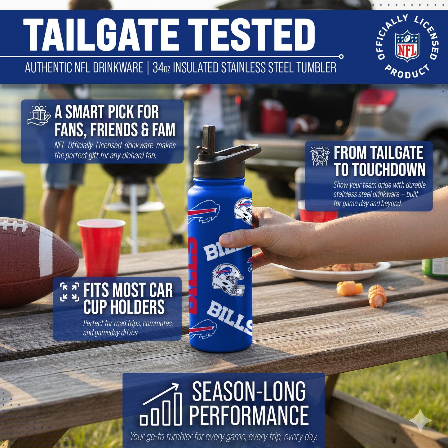 Buffalo Bills NFL 34oz Quencher Stainless Steel Insulated Water Bottle - Royal