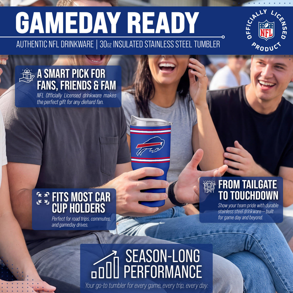 Buffalo Bills  30 oz Stripe Powder Coat Tumbler | NFL Stainless - Royal