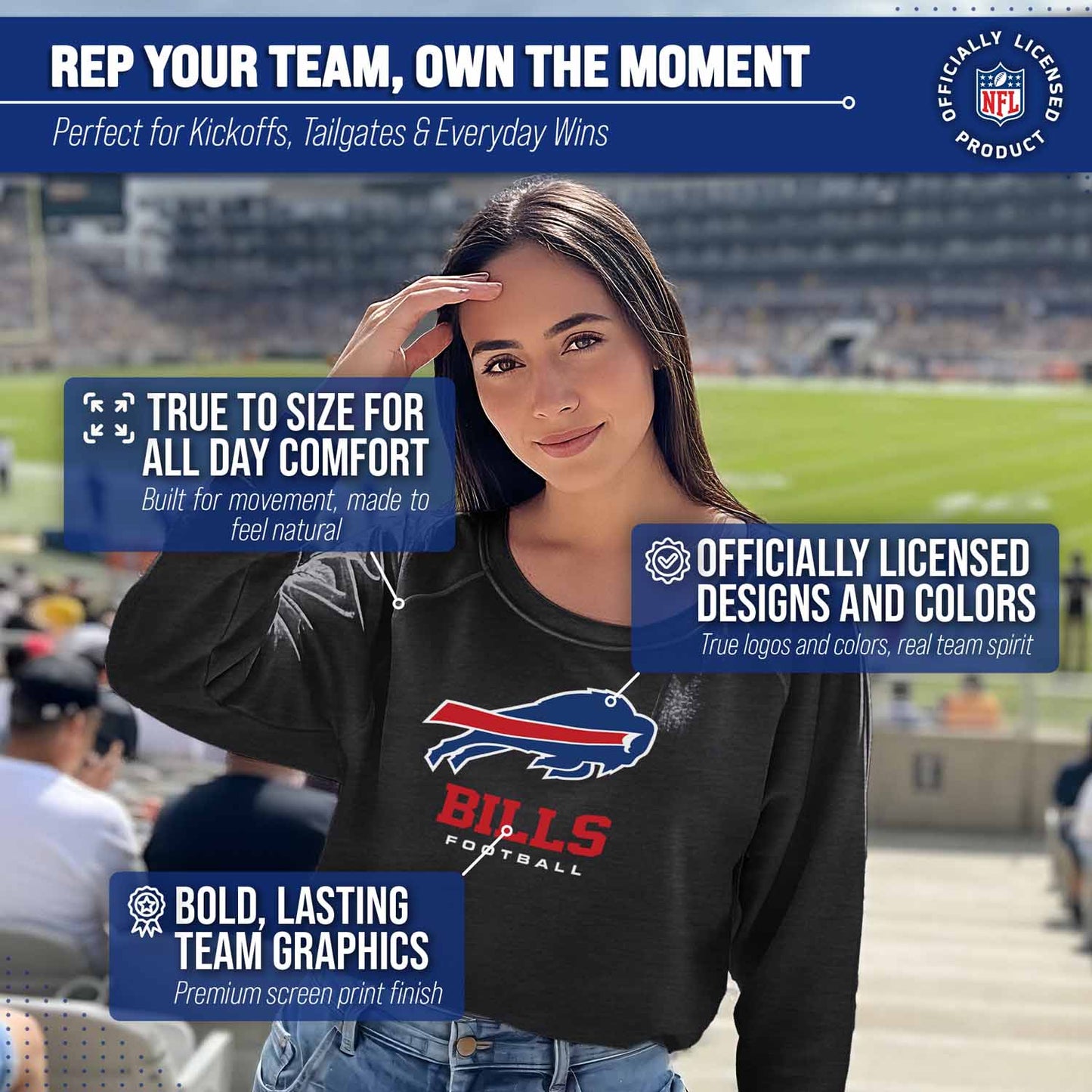 Buffalo Bills NFL Womens Ultimate Fan French Terry Slouchy Top- Raglan Sleeves - Charcoal