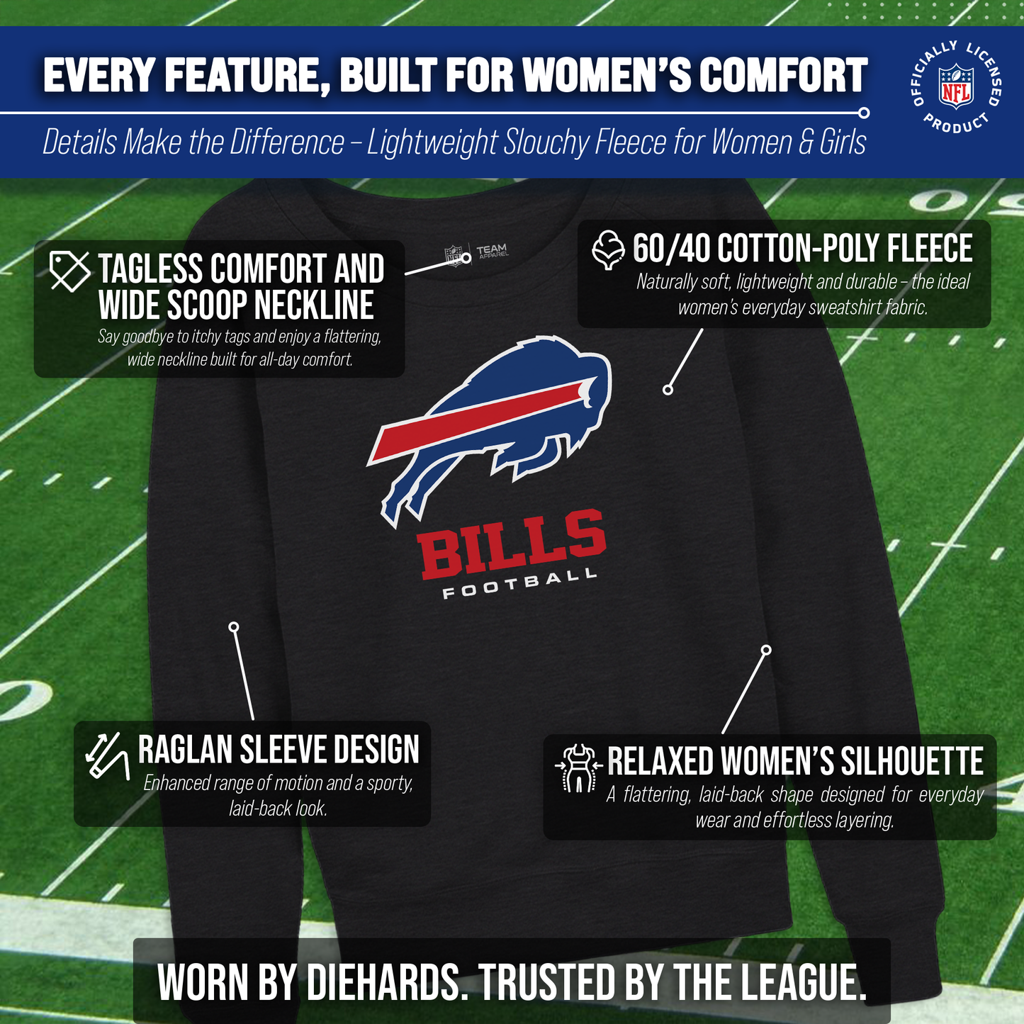 Buffalo Bills NFL Womens Ultimate Fan French Terry Slouchy Top- Raglan Sleeves - Charcoal