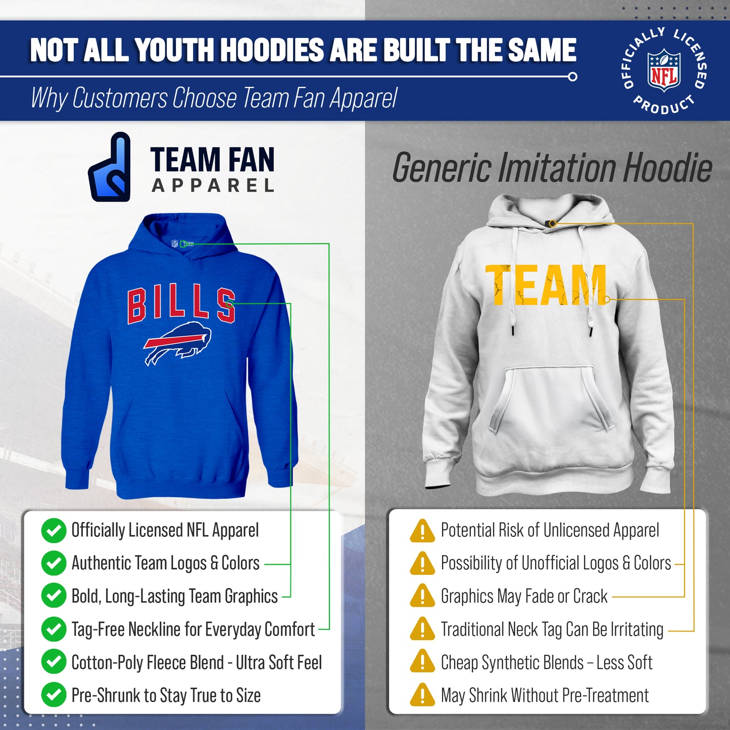 Buffalo Bills NFL Youth Home Team Hoodie- Kids Hooded Sweatshirt - Royal