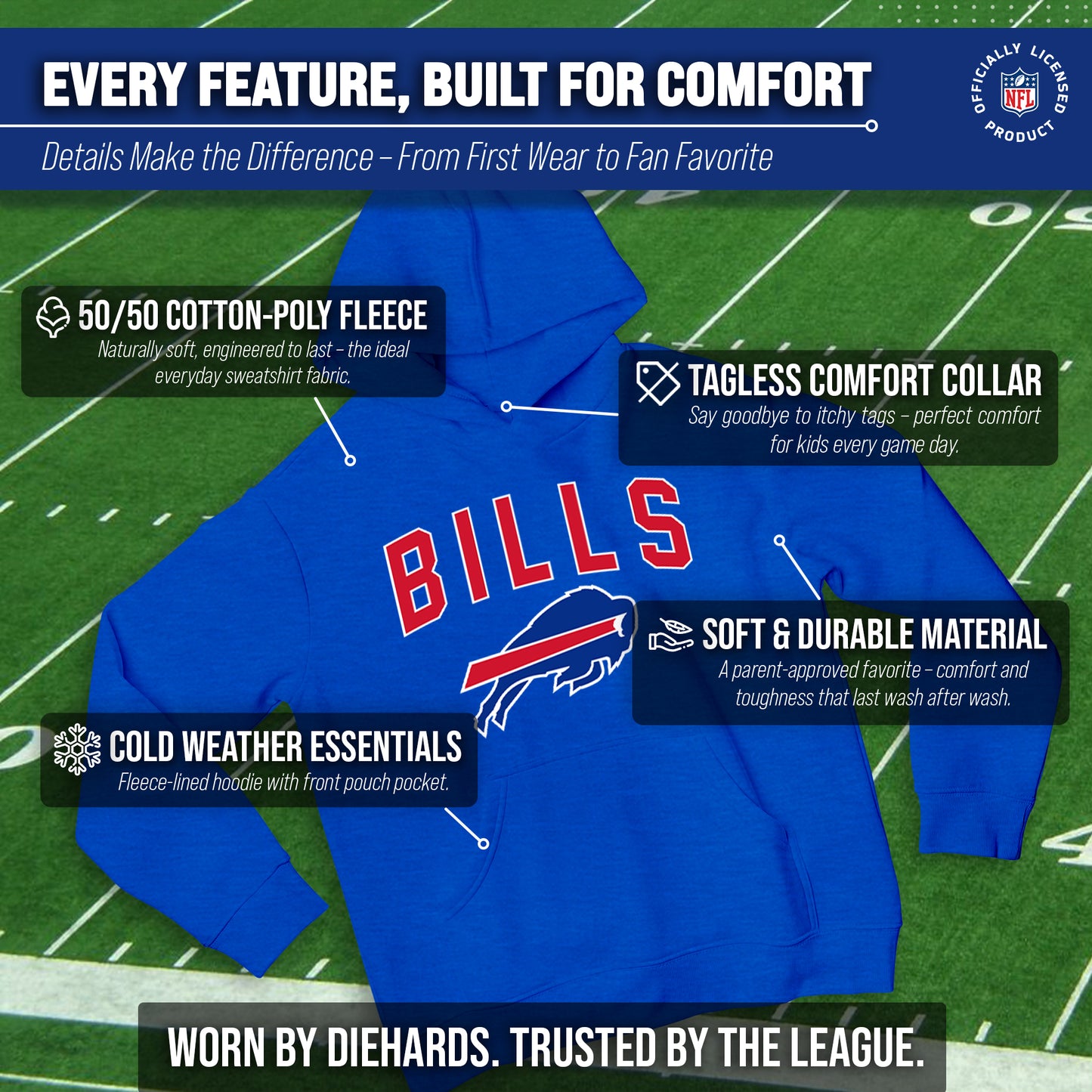 Buffalo Bills NFL Youth Home Team Hoodie- Kids Hooded Sweatshirt - Royal