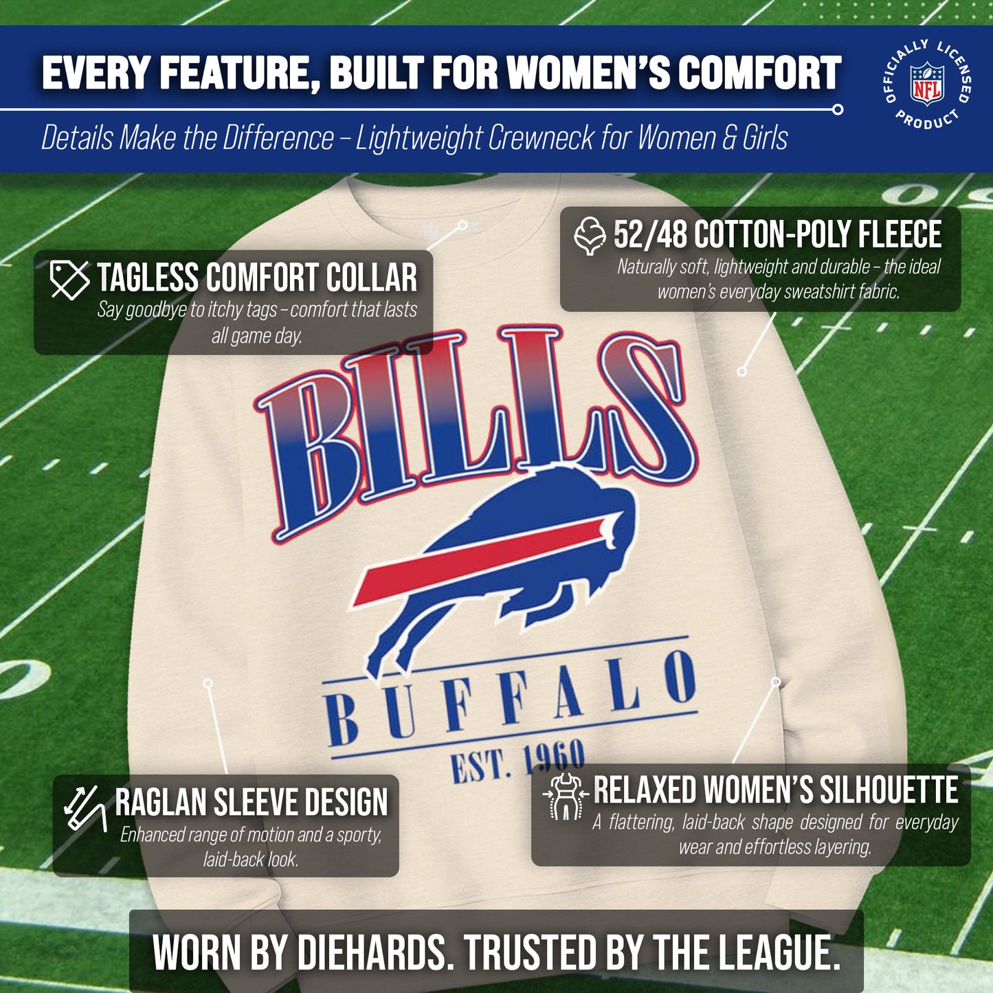 Buffalo Bills Womens NFL Starstruck Crewneck Pullover - Cream