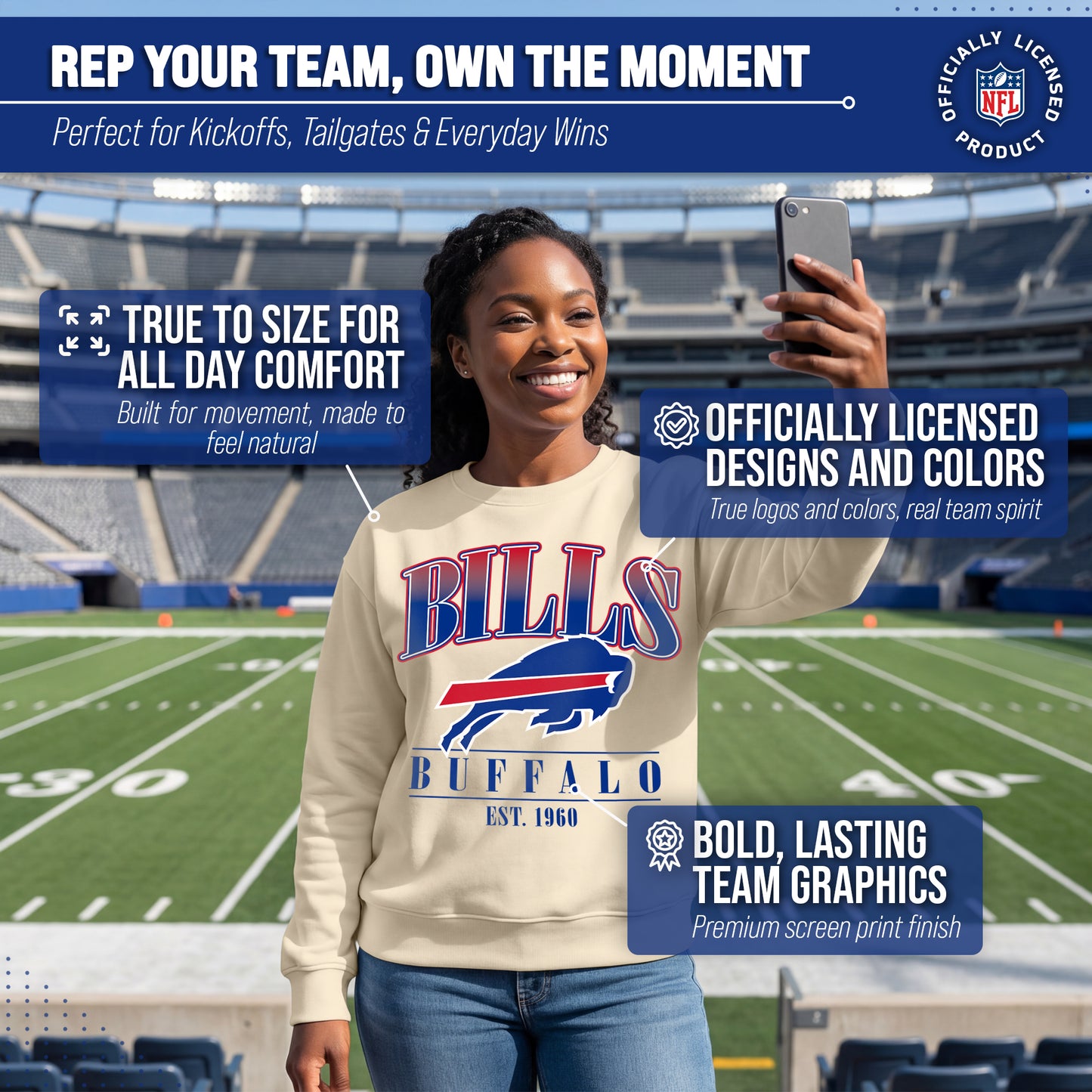 Buffalo Bills Womens NFL Starstruck Crewneck Pullover - Cream