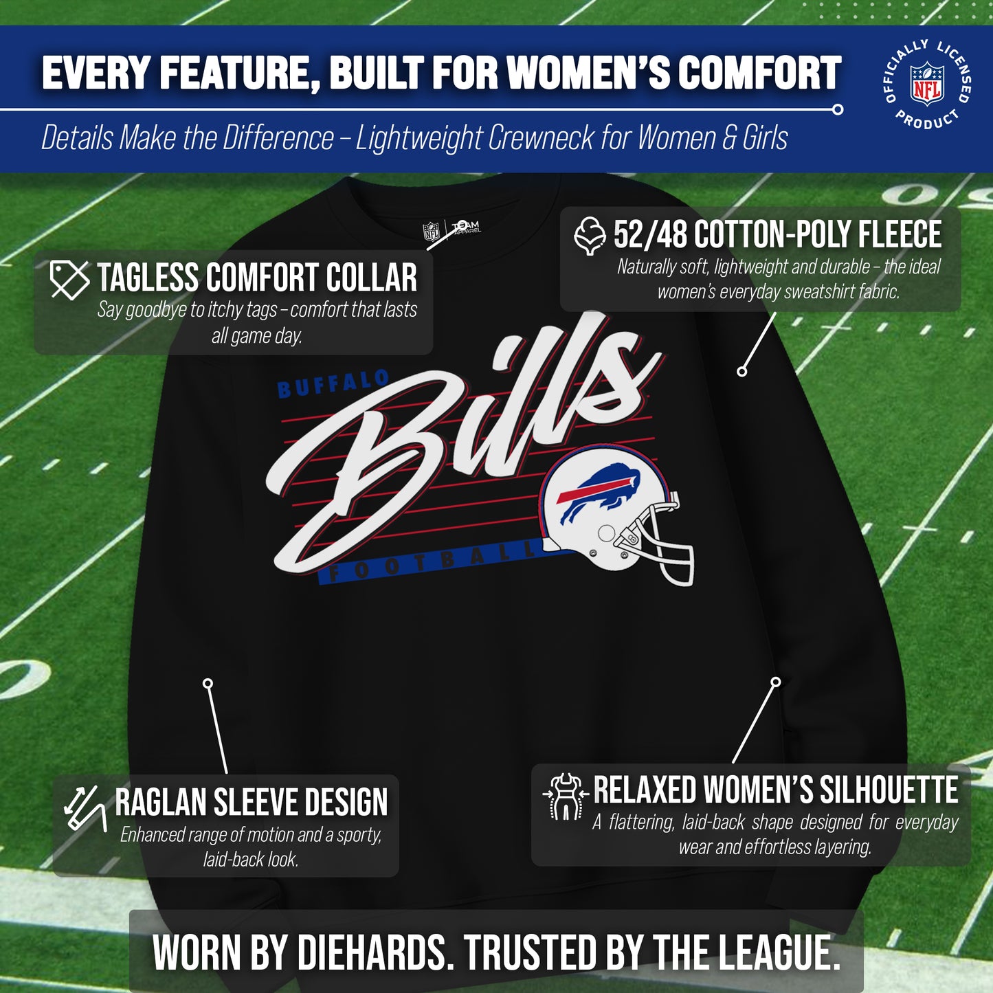 Buffalo Bills Womens NFL Scrimmage Line Crewneck Pullover - Black