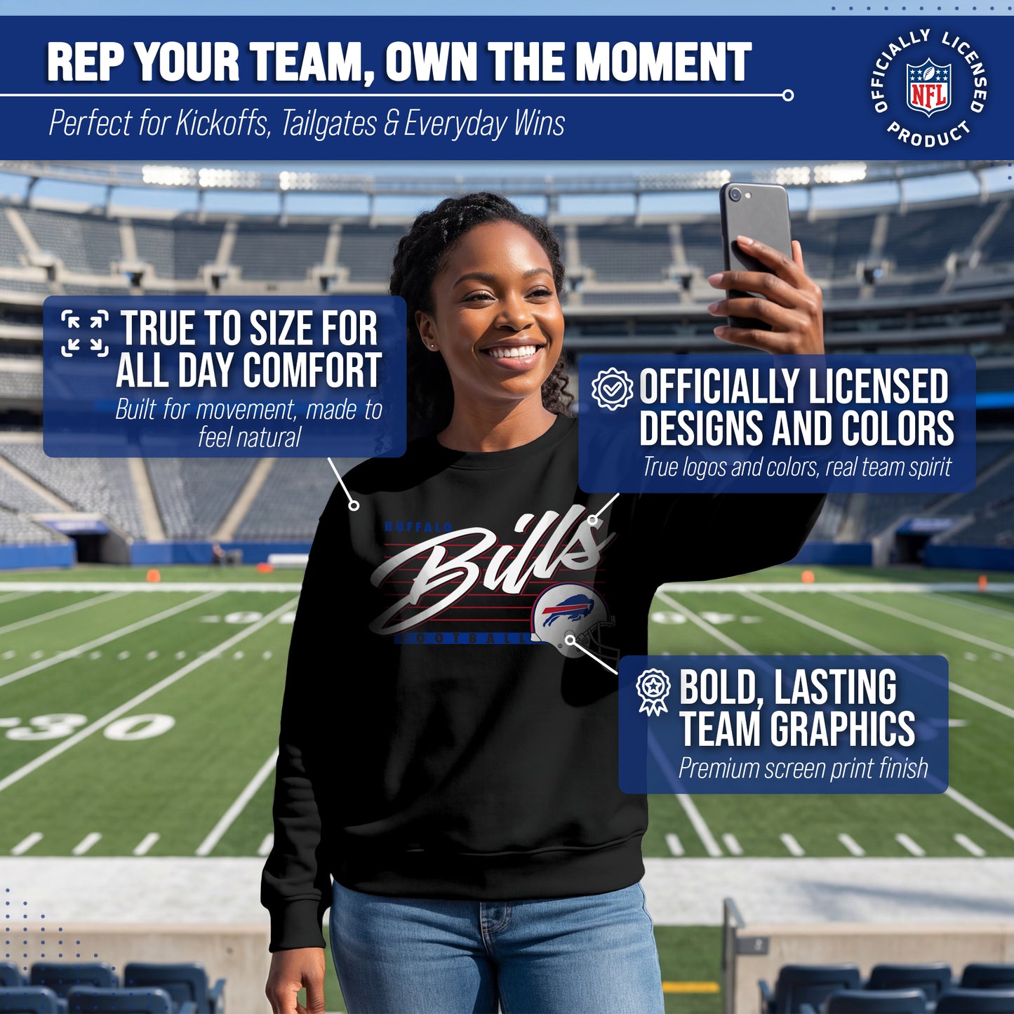 Buffalo Bills Womens NFL Scrimmage Line Crewneck Pullover - Black