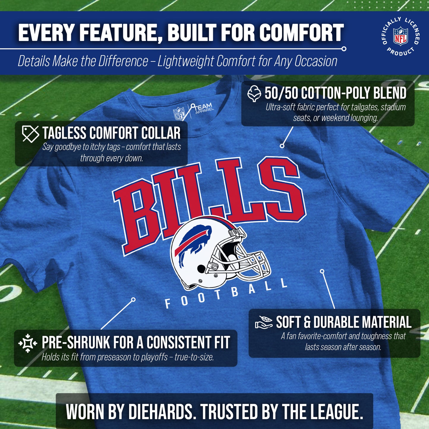 Buffalo Bills NFL Adult All Star Heather Tag-Less T-Shirt - Royal Heather