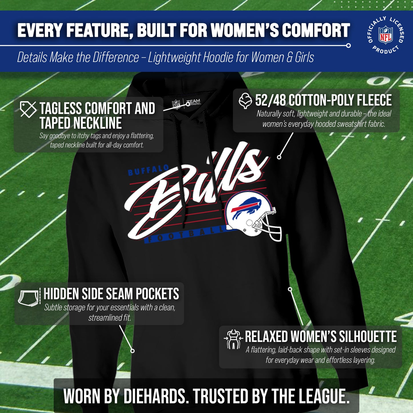 Buffalo Bills Ladies NFL Scrimmage Line Fleece Pullover Hooded Sweatshirt - Black