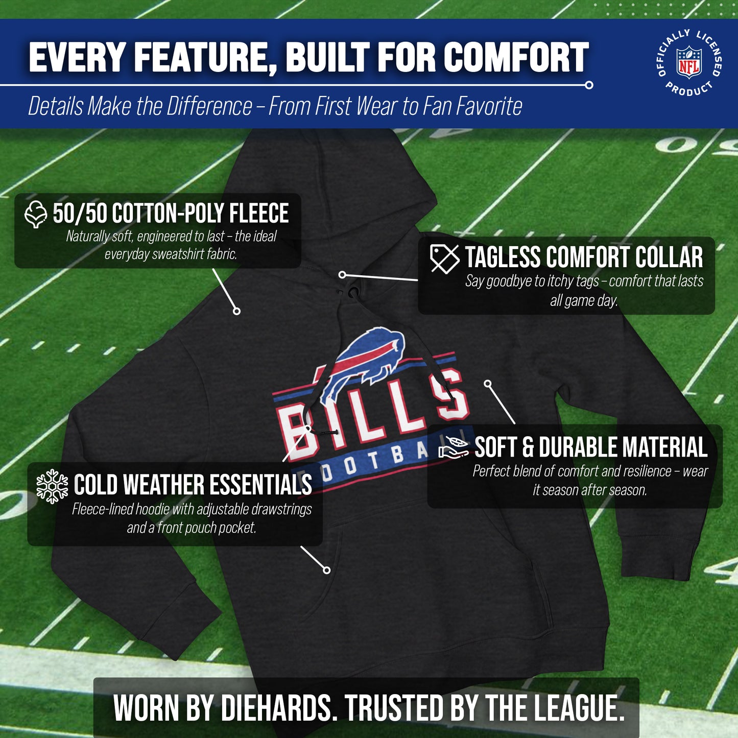 Buffalo Bills NFL Adult True Fan Hooded Charcoal Sweatshirt - Charcoal