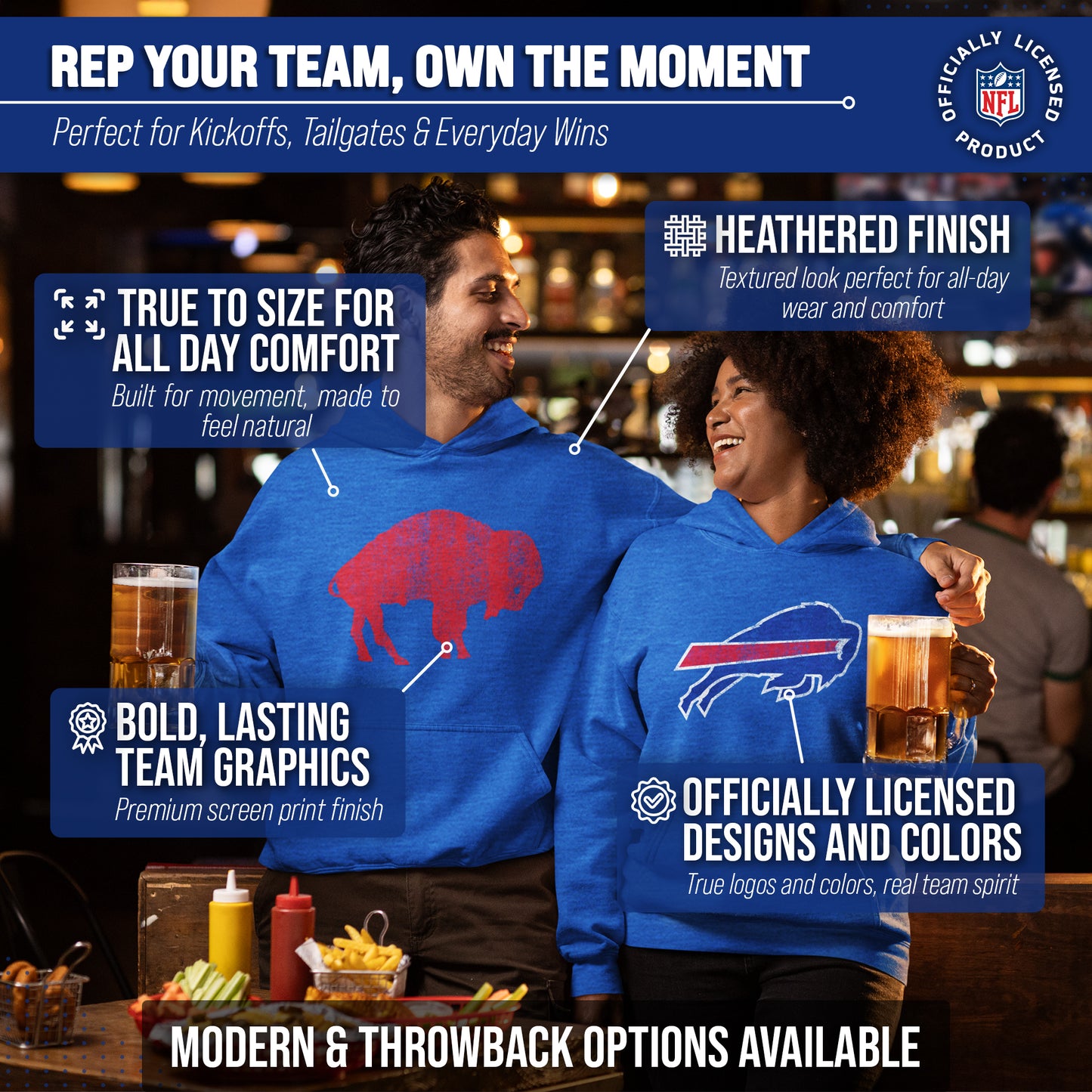 Buffalo Bills NFL Adult Unisex Modern Throwback Ultra Soft Fleece Hooded Sweatshirt - Blue