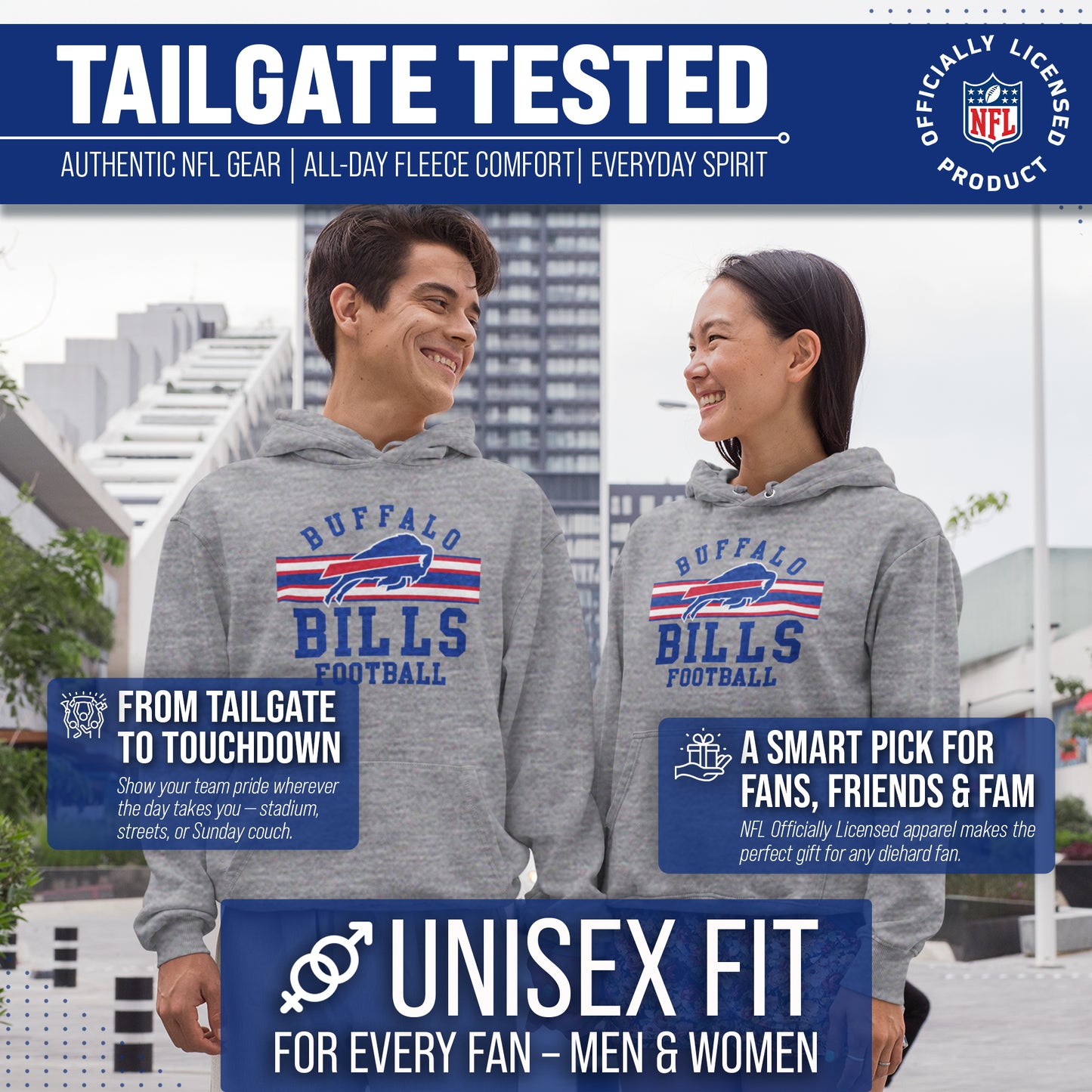 Buffalo Bills NFL Team Stripe Hooded Sweatshirt- Soft Pullover Sports Hoodie For Men & Women - Sport Gray