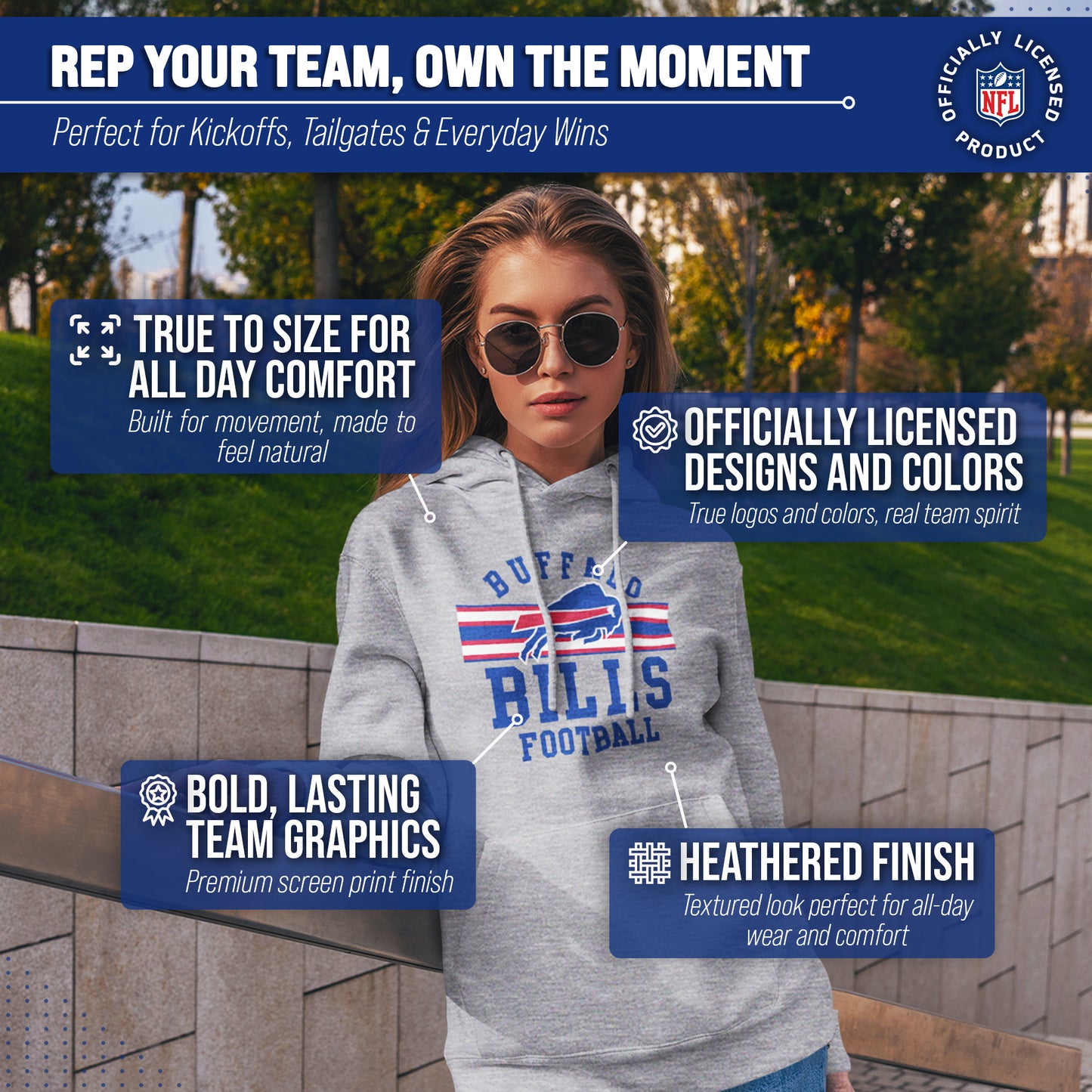 Buffalo Bills NFL Team Stripe Hooded Sweatshirt- Soft Pullover Sports Hoodie For Men & Women - Sport Gray