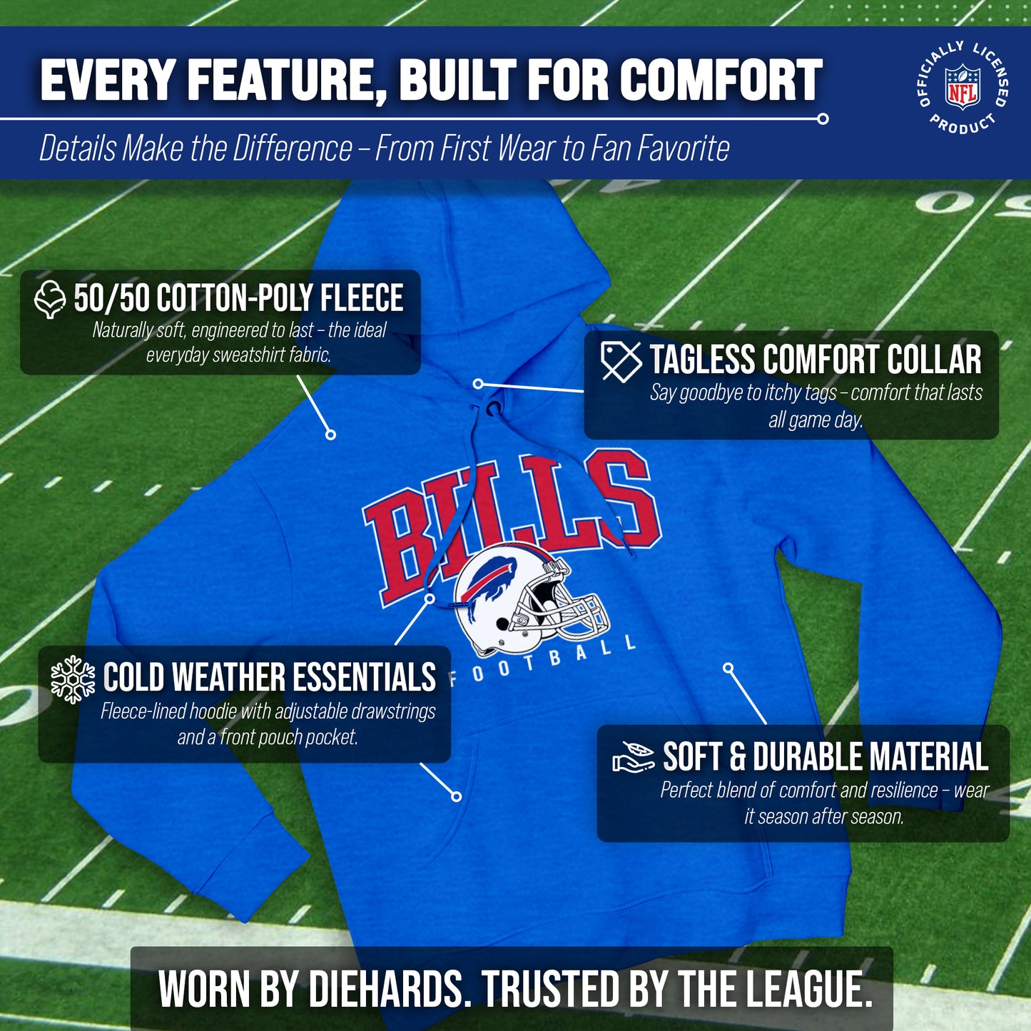 Buffalo Bills NFL Adult Unisex All Star Soft Fleece Hooded Sweatshirt - Royal Heather