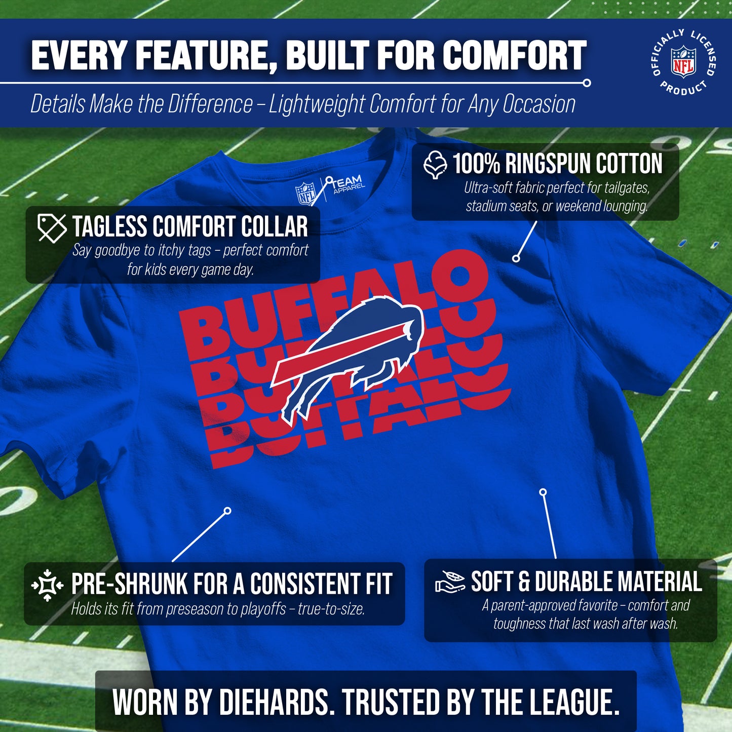 Buffalo Bills NFL Youth Repeating Logo Football T-Shirt Unisex Tag Free Comfortable - Royal