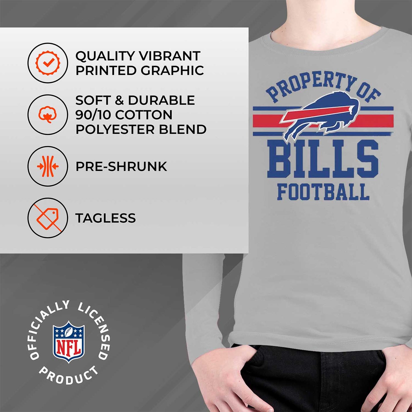 Buffalo Bills NFL Youth Property Of Crew Sweatshirt - Sport Gray