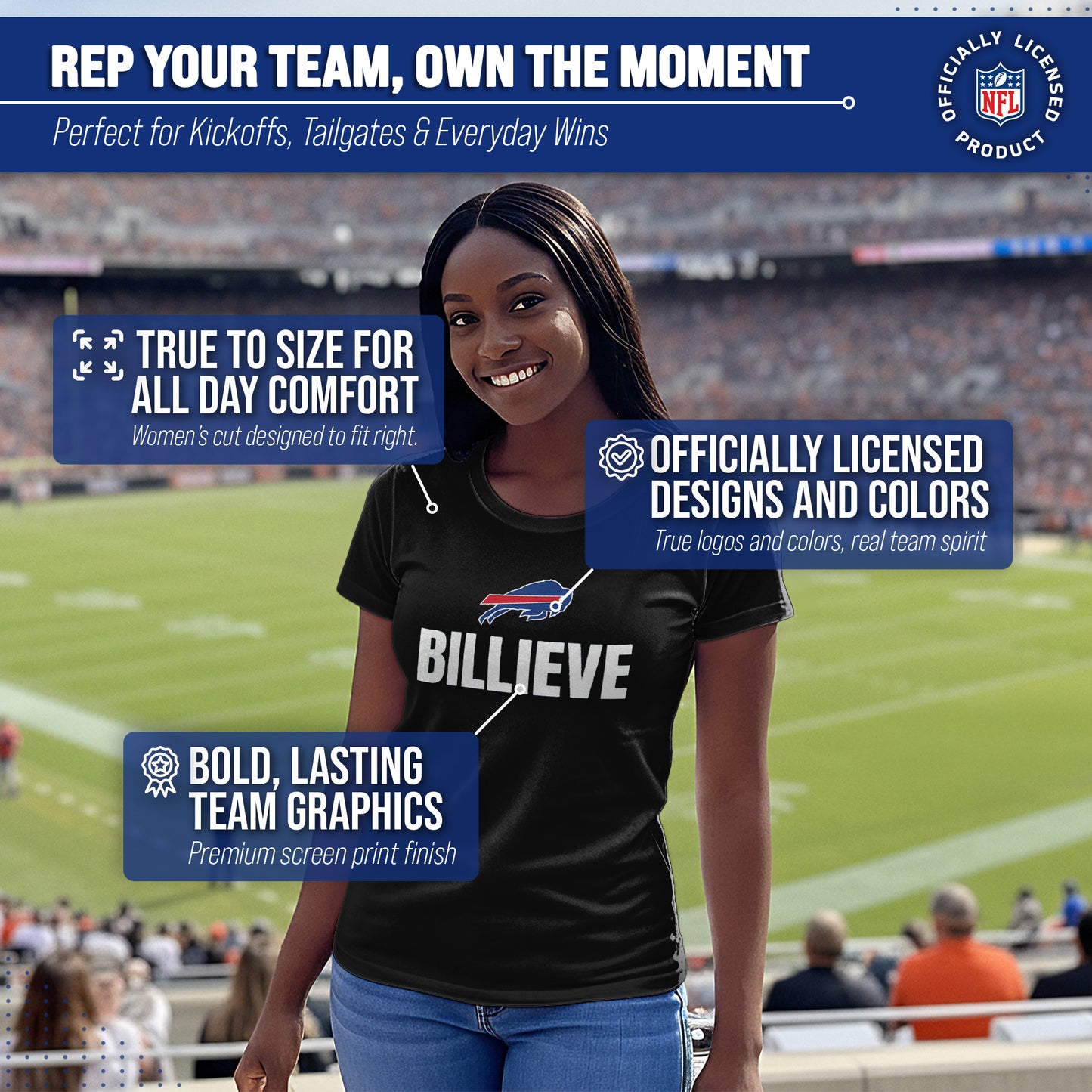 Buffalo Bills NFL Womens Team Slogan Short Sleeve Tshirt - Black