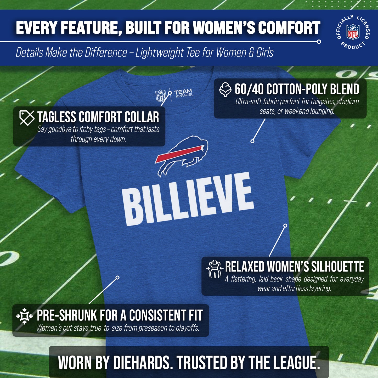 Buffalo Bills NFL Womens Team Slogan Short Sleeve Tshirt - Royal