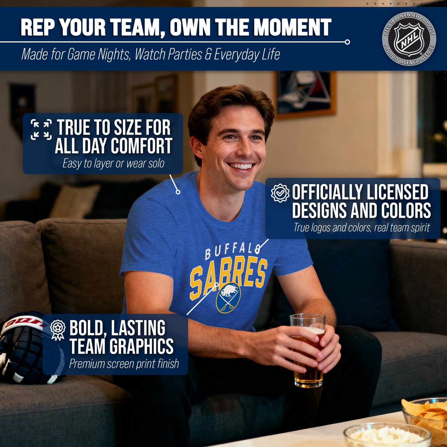 Buffalo Sabres NHL Adult Powerplay Heathered Unisex T-Shirt - Royal