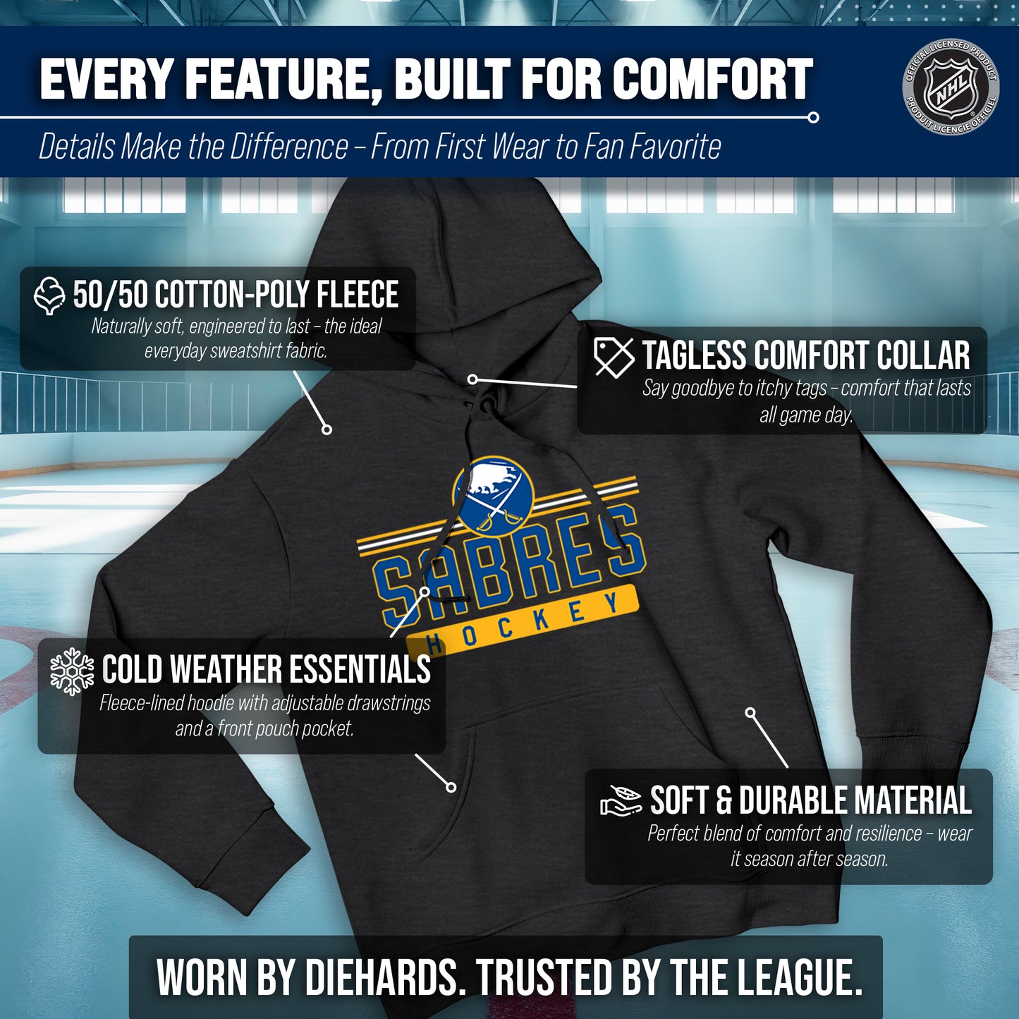 Buffalo Sabres NHL Adult Heather Charcoal True Fan Hooded Sweatshirt Unisex - Charcoal