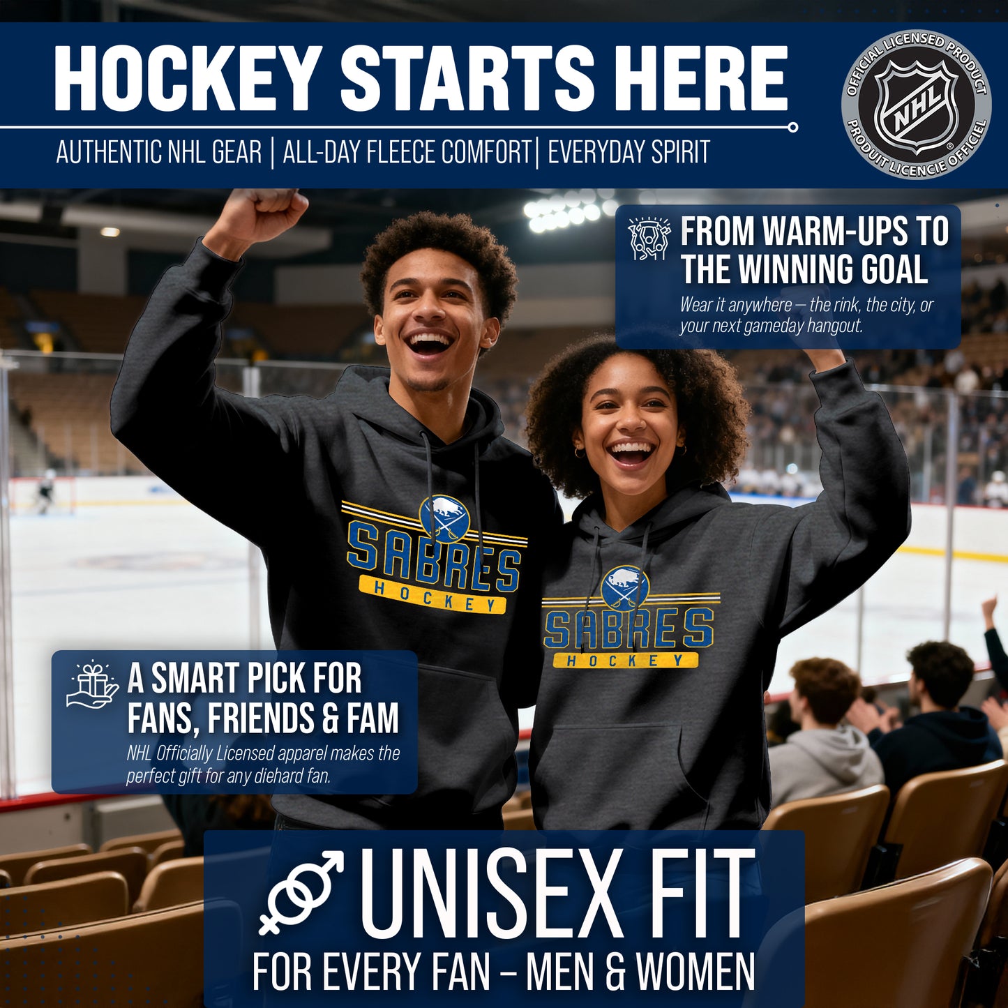 Buffalo Sabres NHL Adult Heather Charcoal True Fan Hooded Sweatshirt Unisex - Charcoal