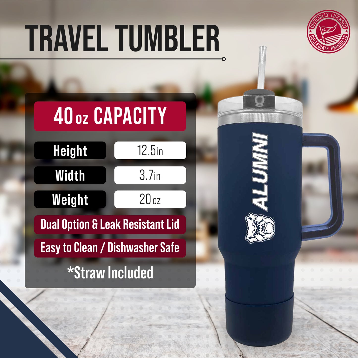 Butler Bulldogs Collegiate 40oz Stainless Steel Travel Tumbler with Handle for Alumni - Navy