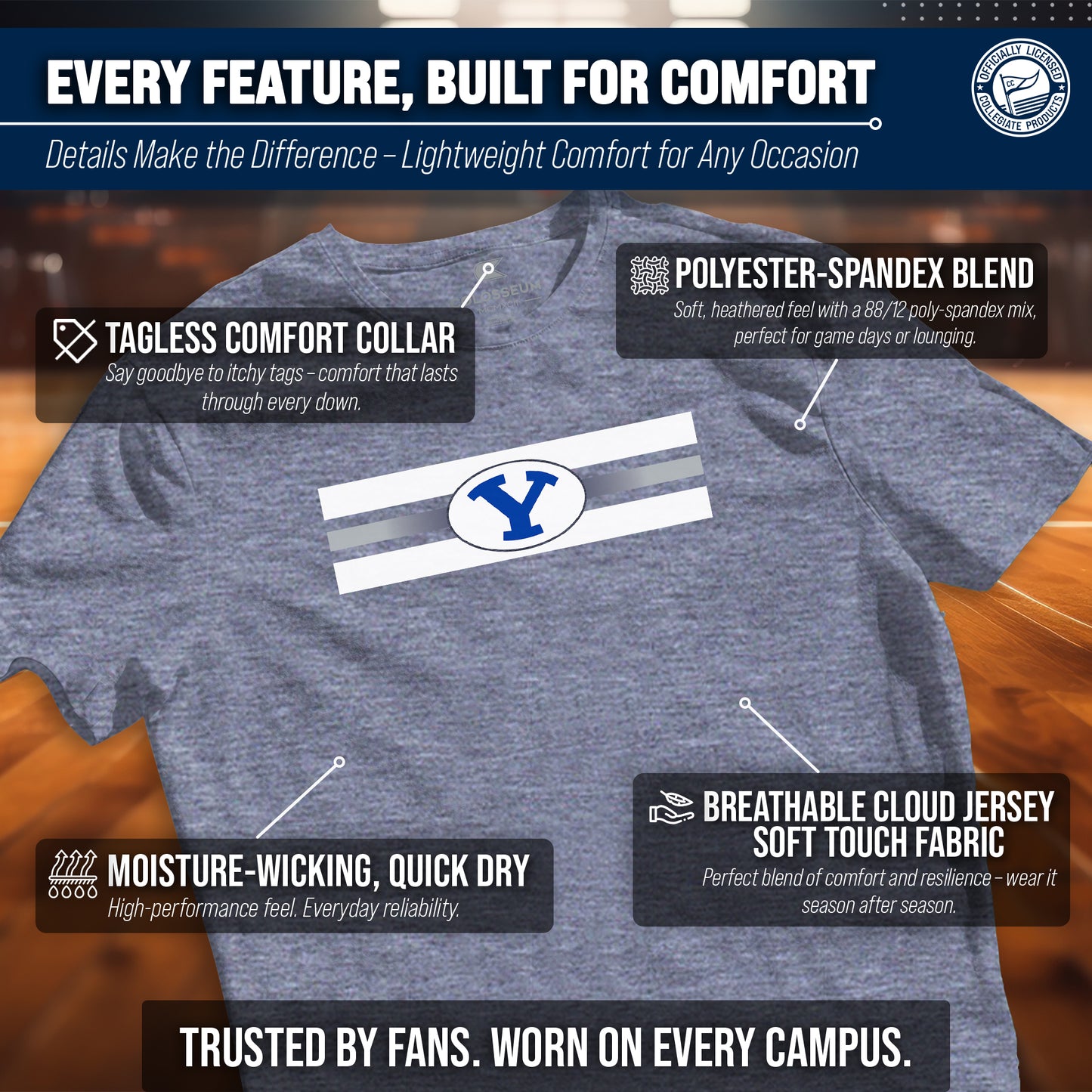 BYU Cougars Unisex NCAA Scholarship Cloud Jersey Athletic Short Sleeve Performance Tee - Navy Heather